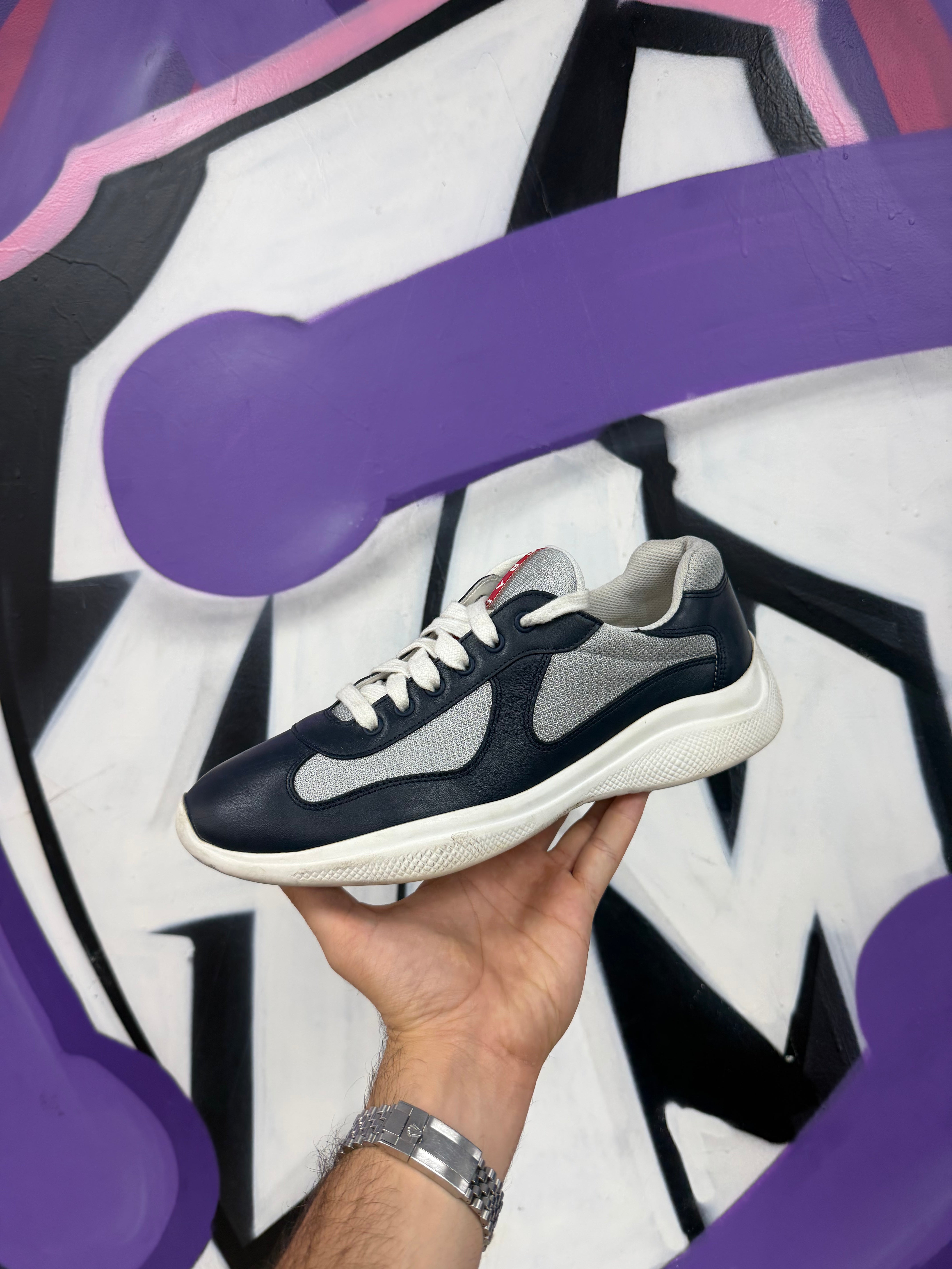 Prada Navy Leather Cups Sneakers