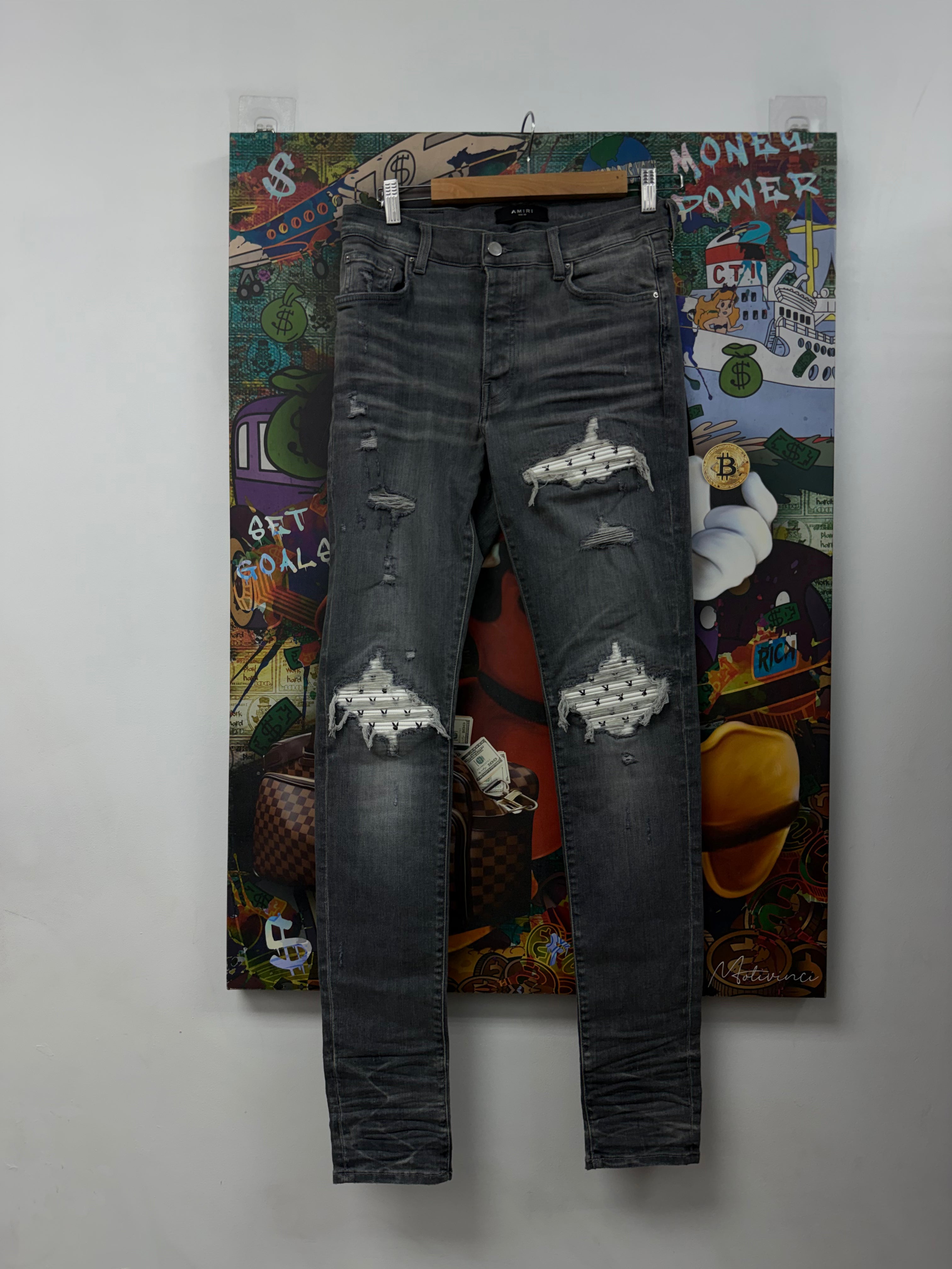Amiri MX1 Grey Wash White Playboy Patch Jeans