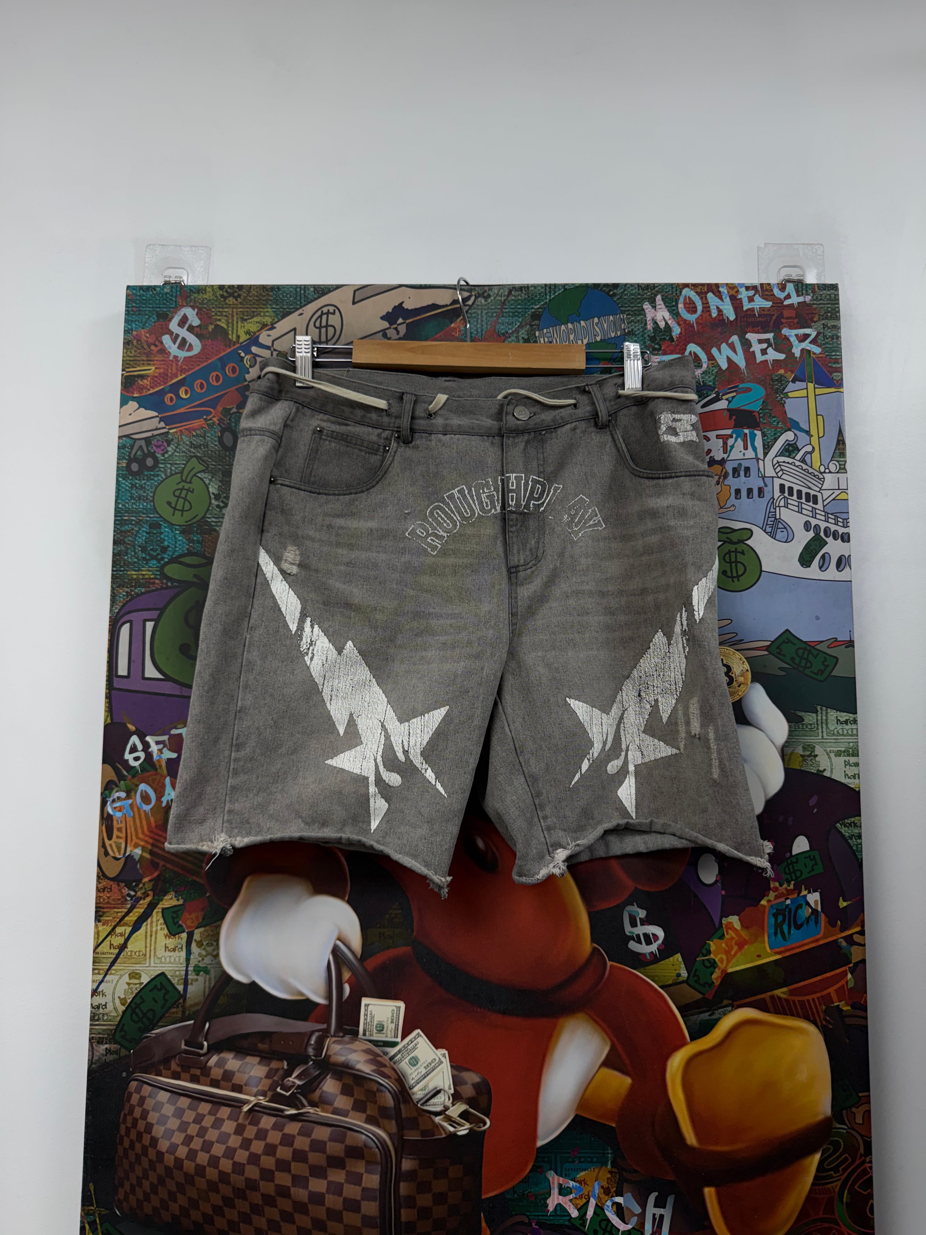 Rough Play Grey White Jean Shorts