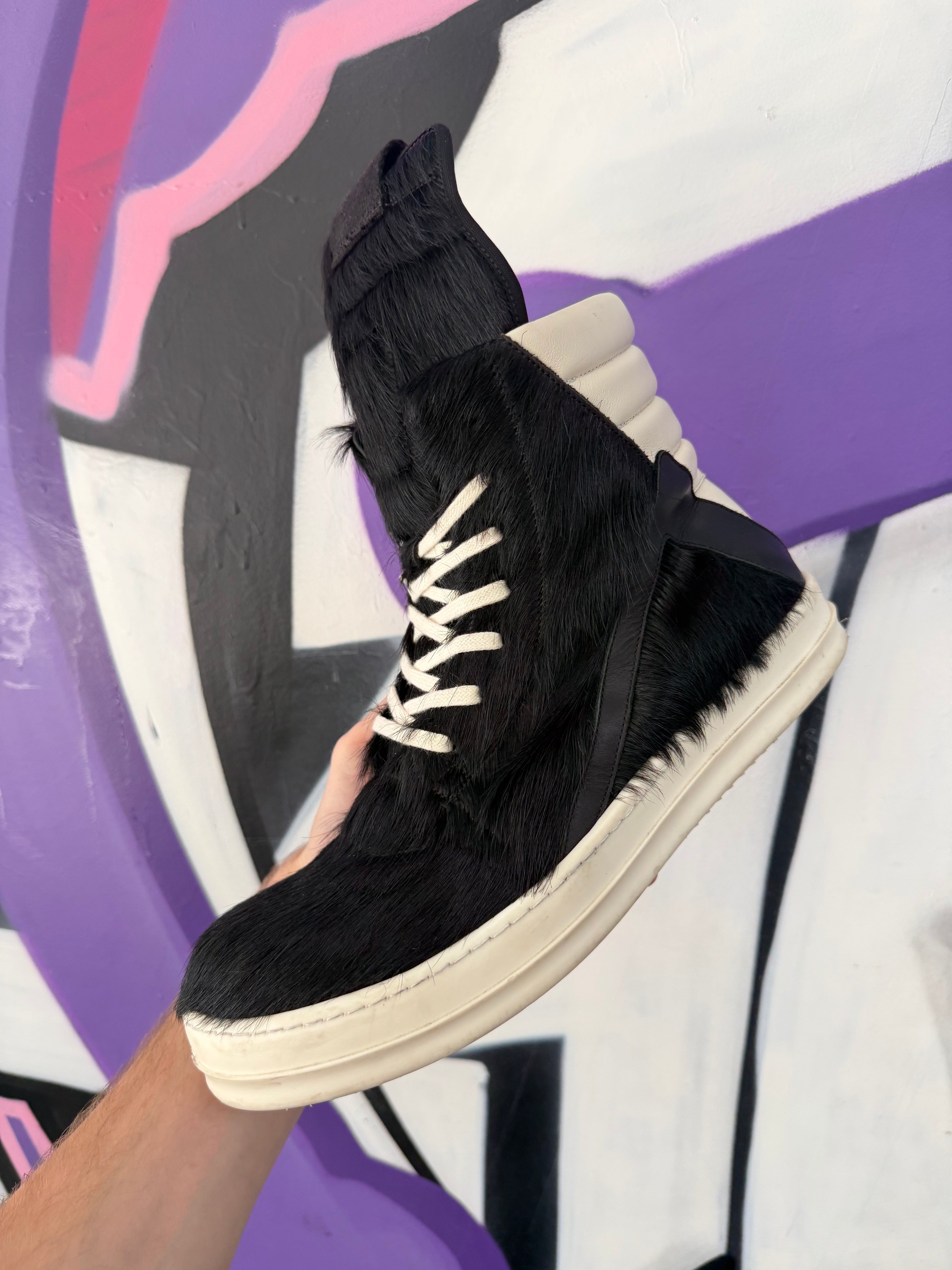 Rick Owens Black Ponyhair Geobasket Sneakers