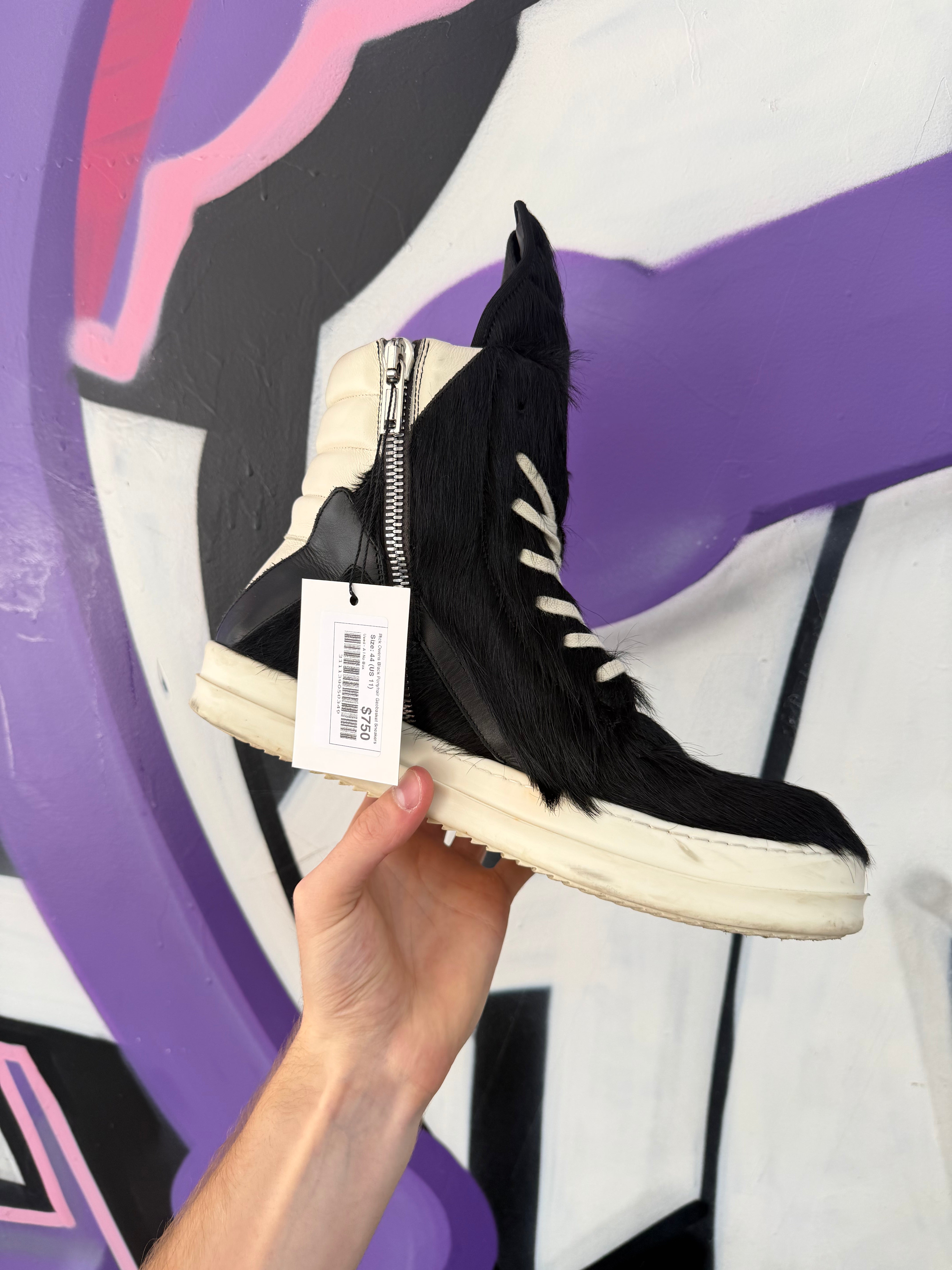 Rick Owens Black Ponyhair Geobasket Sneakers