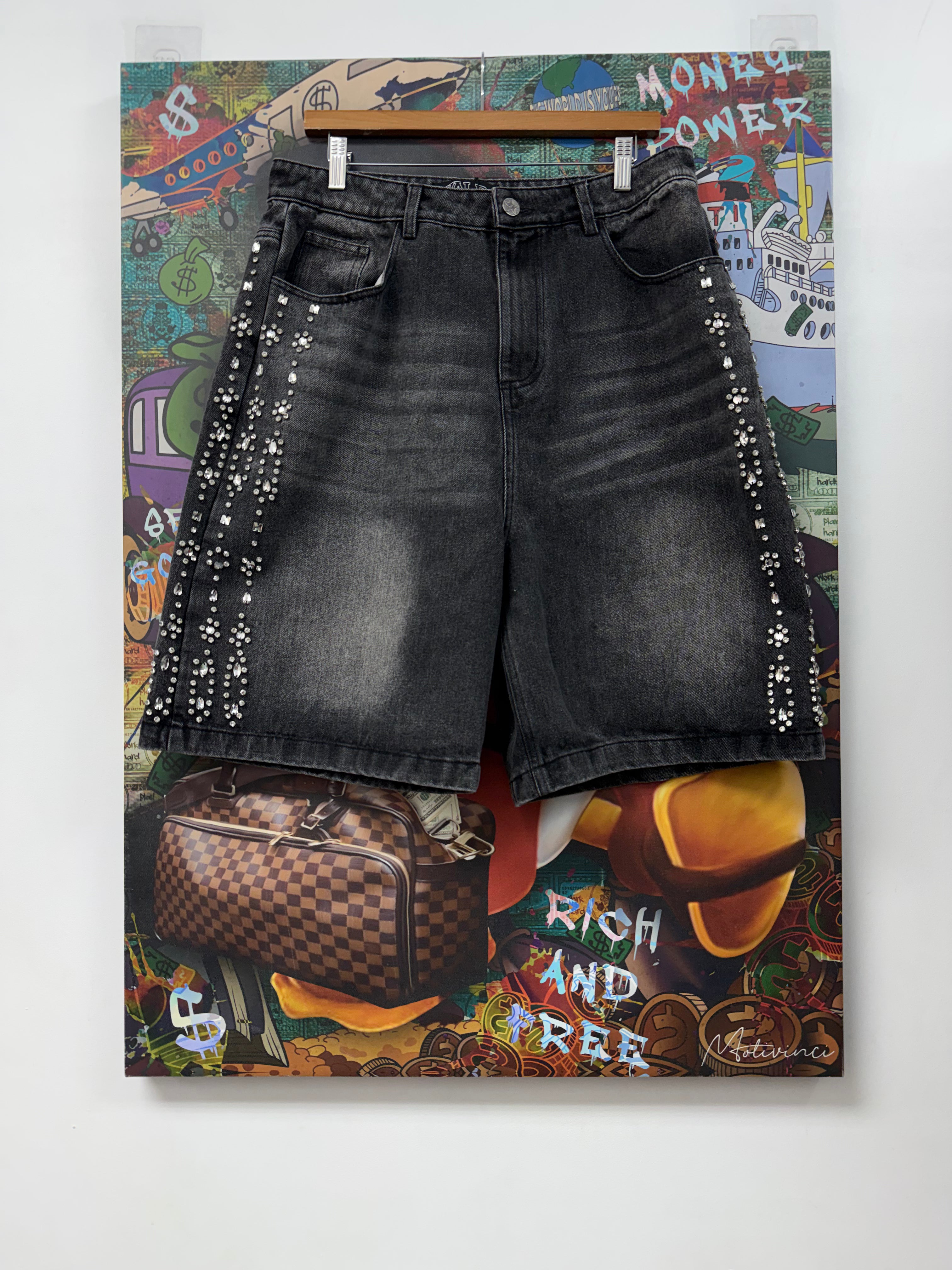 Vale Black Wash Rhinestone Jean Shorts