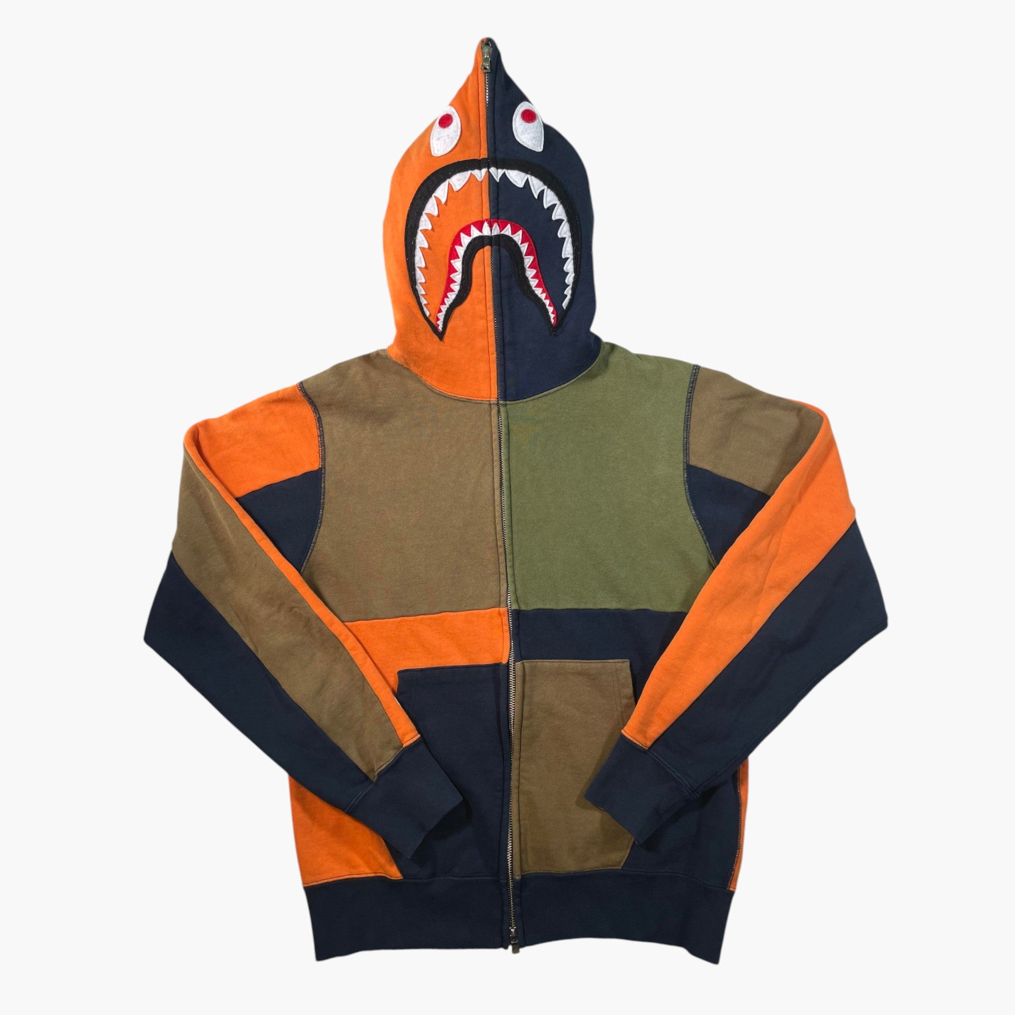 BAPE Patchwork Shark Navy Orange & Olive Zip Up Hoodie