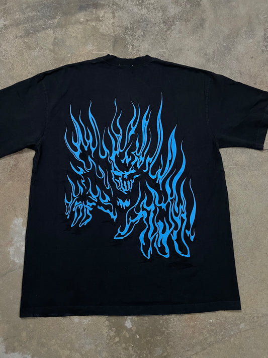 Warren Lotas Tee Flaming Skull Faded Black Blue New