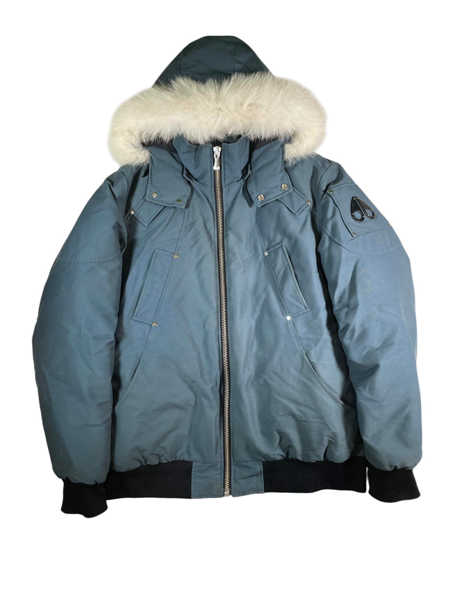 Moose Knuckles White Fur Teal Bomber Jacket