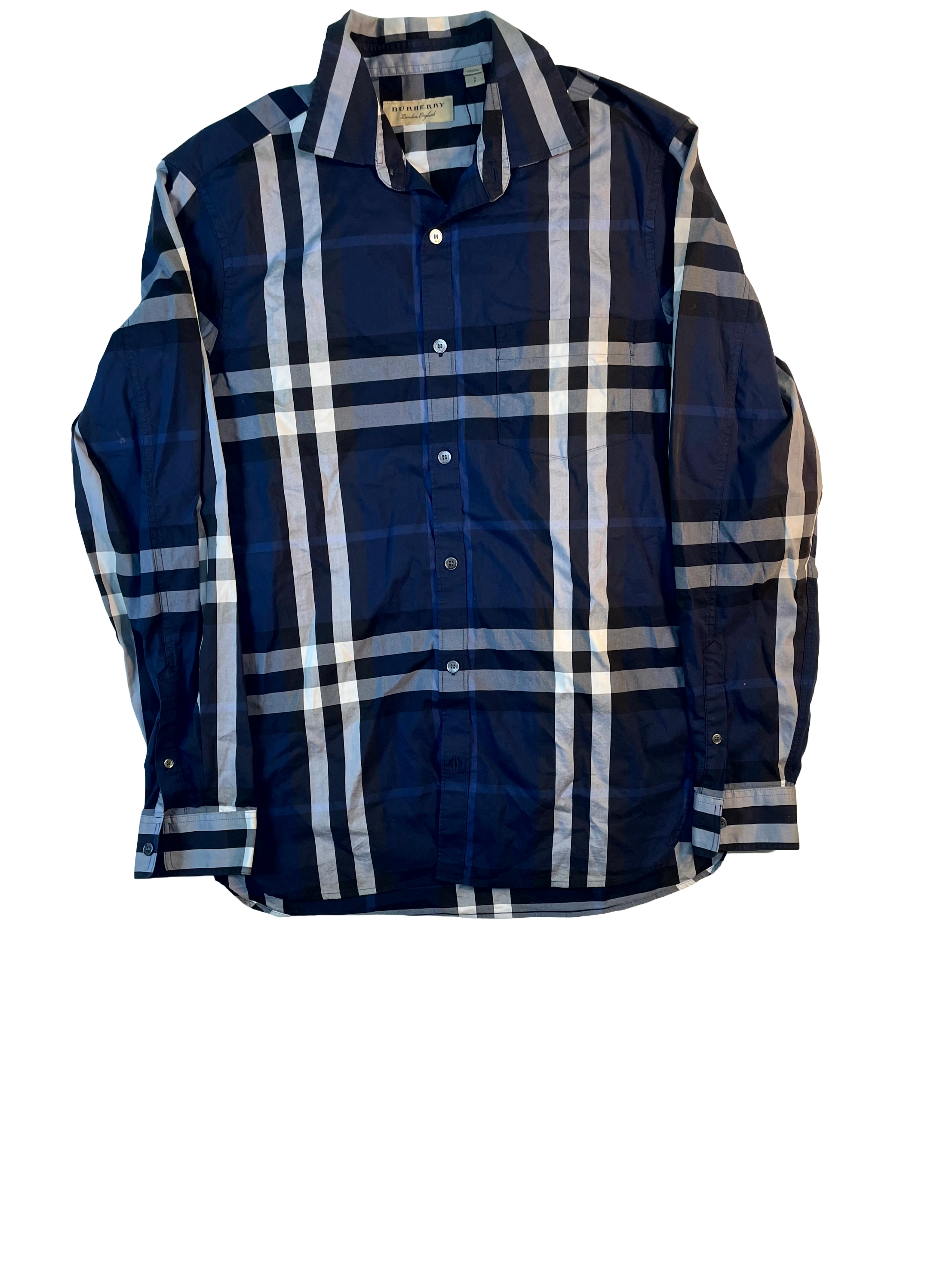 Burberry Plaid Pocket Button Up LS Blue Shirt