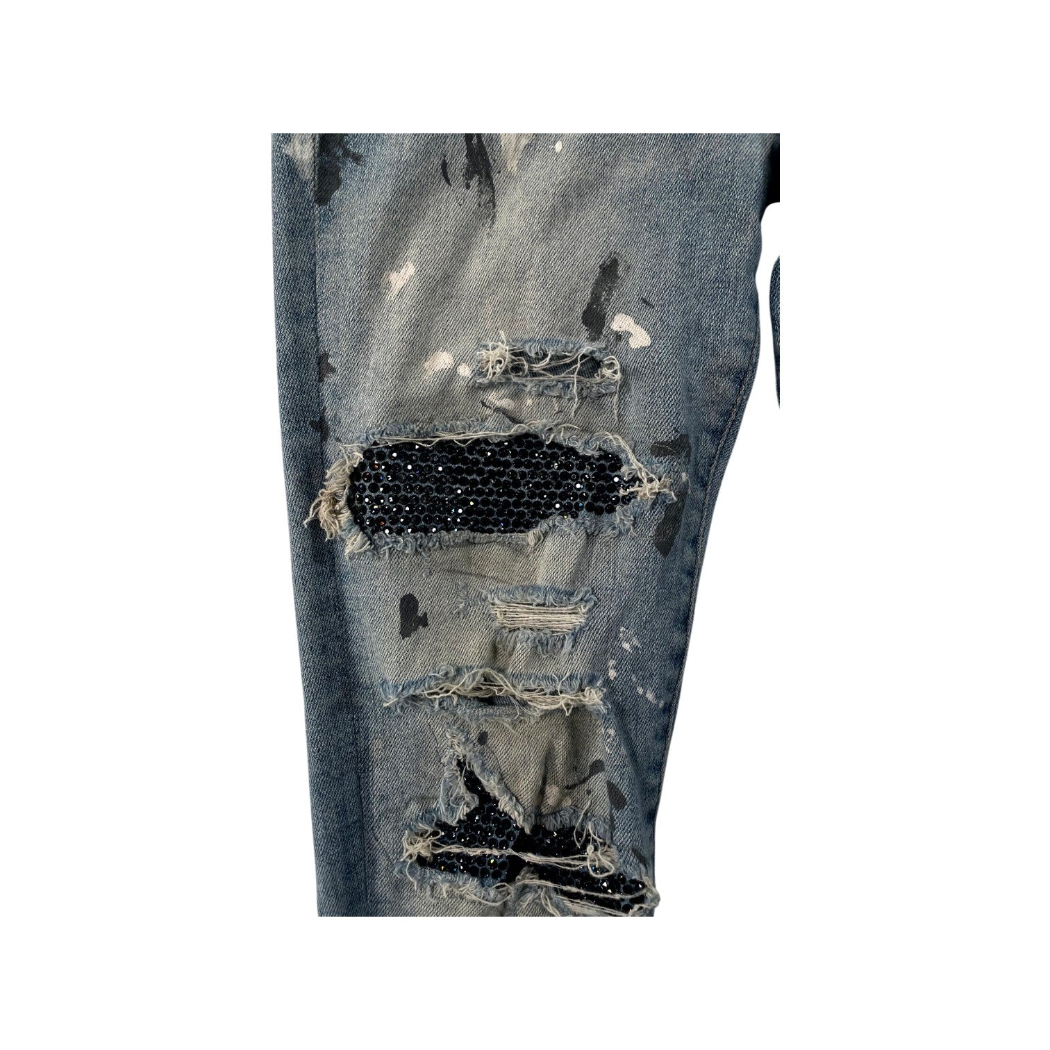 Amiri Splatter Swarovski Patch Light Wash Jeans