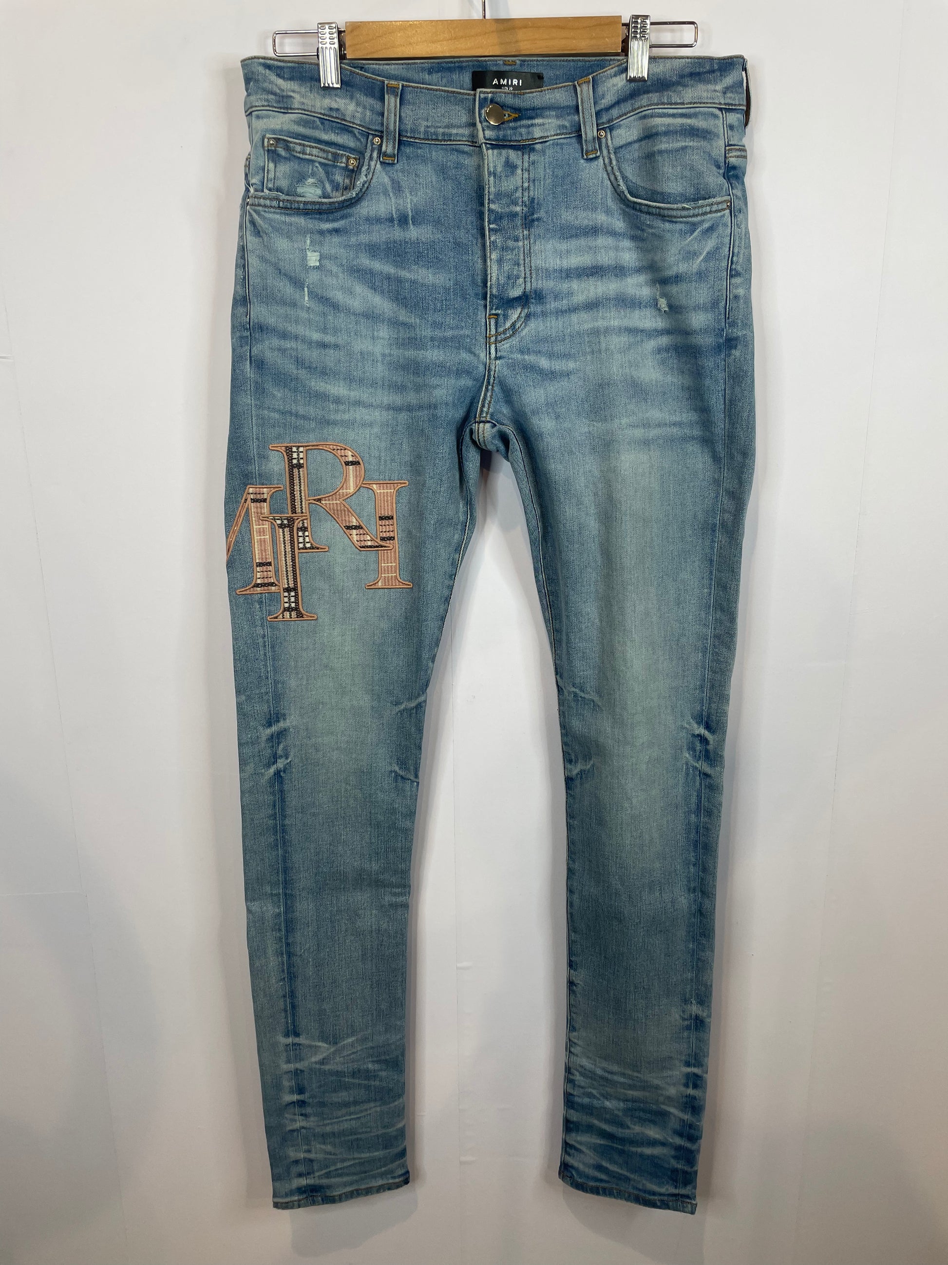 Amiri Jeans Light Wash Pink Plaid Side Logo Used 33