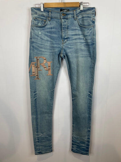 Amiri Jeans Light Wash Pink Plaid Side Logo Used 33