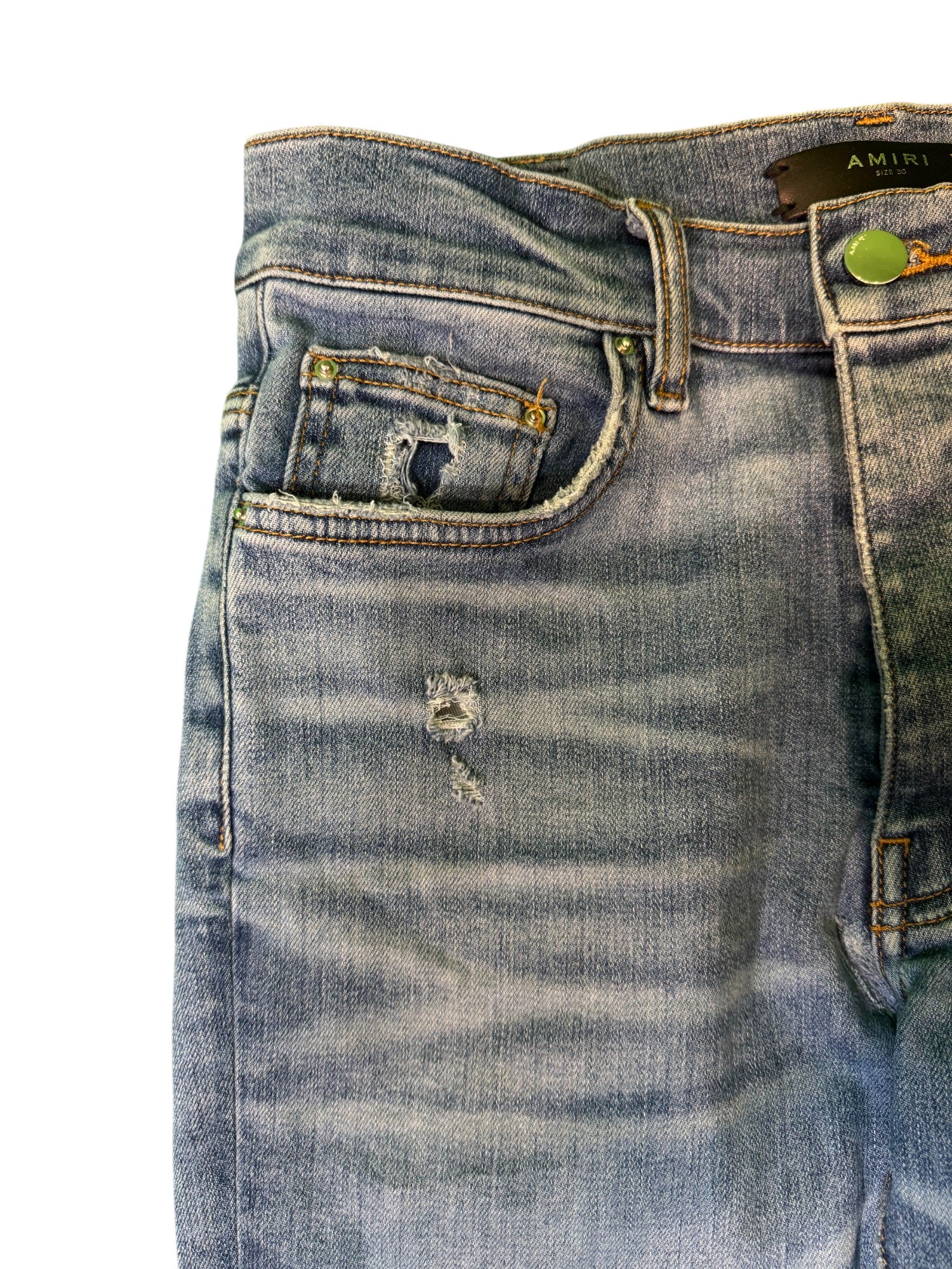 Amiri Knee Rip Light Wash Blue Jeans