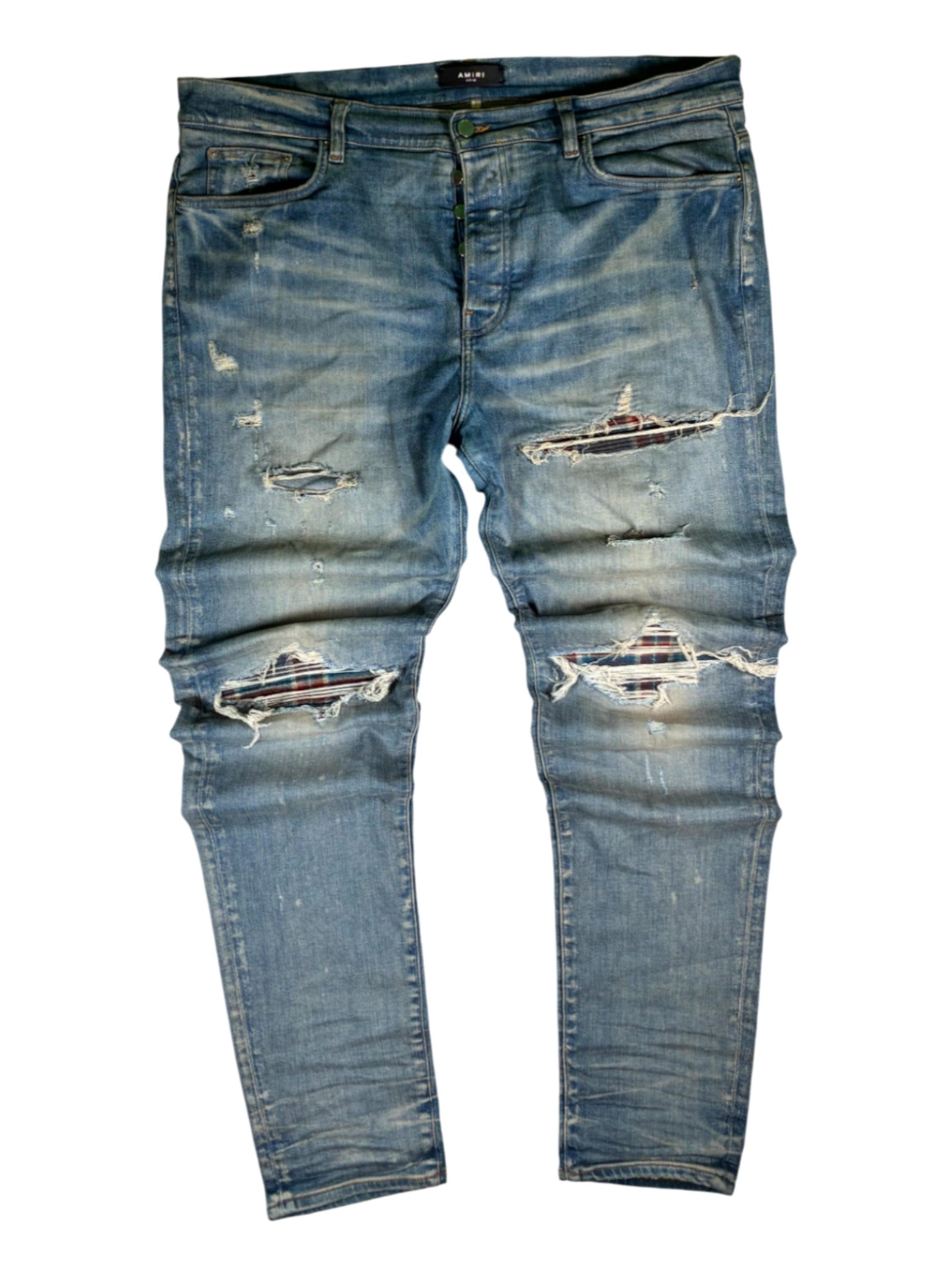 Amiri Plaid Flannel Patch MX1 Light Wash, Navy & Burgundy Jeans