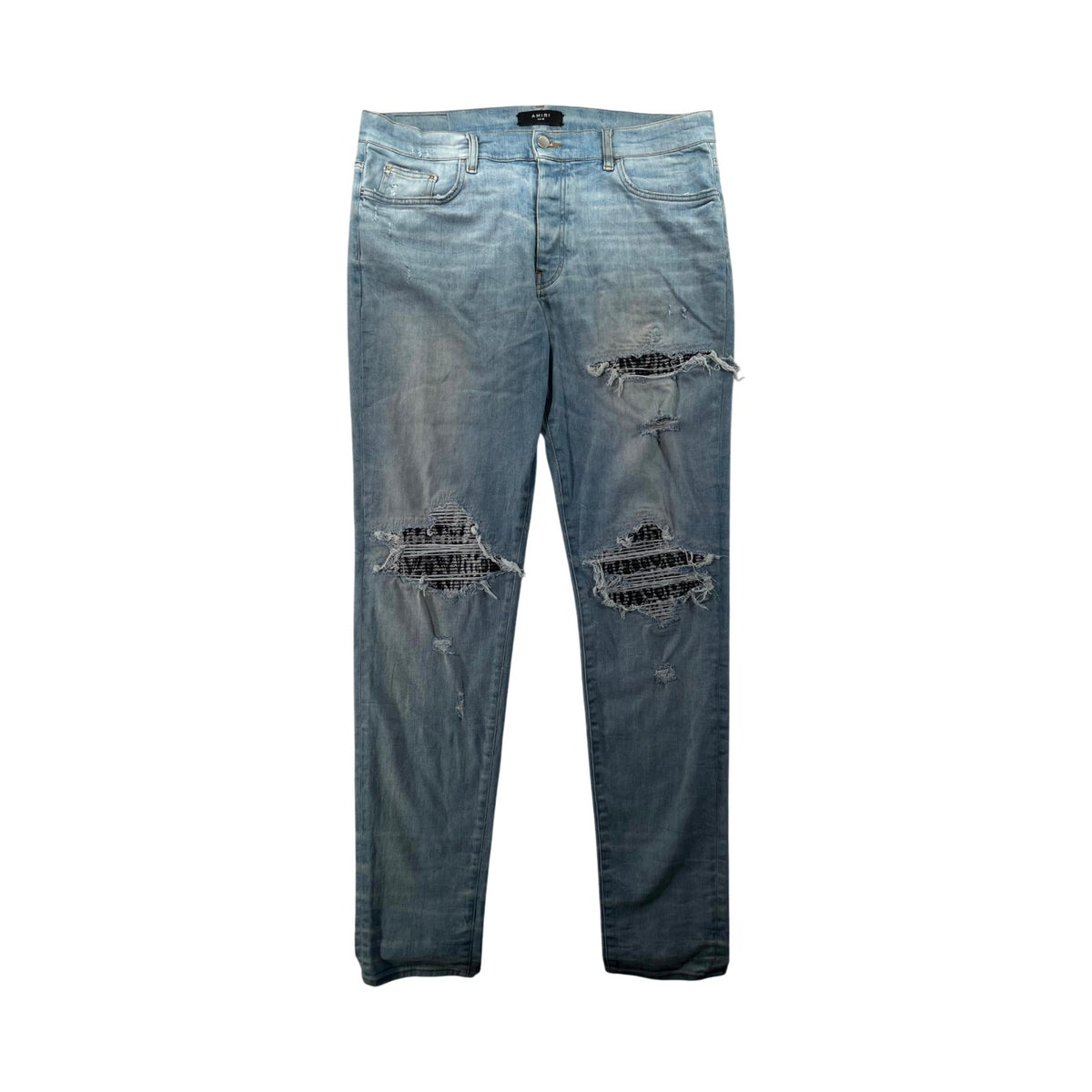 Amiri "MX1" Cheetah Patch Light Wash, Black & White Jeans