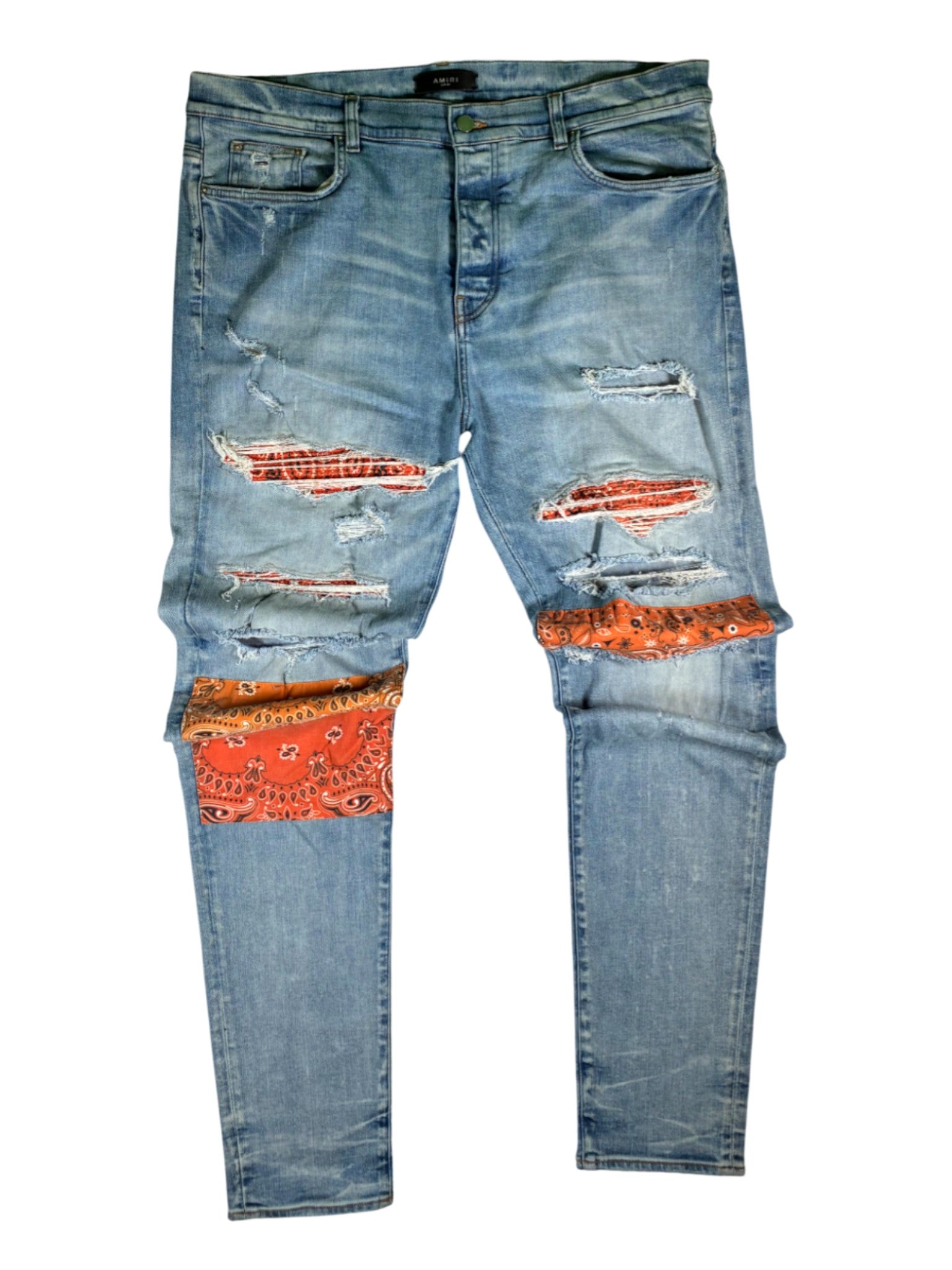 Amiri Paisley Patchwork Light Wash & Orange Jeans