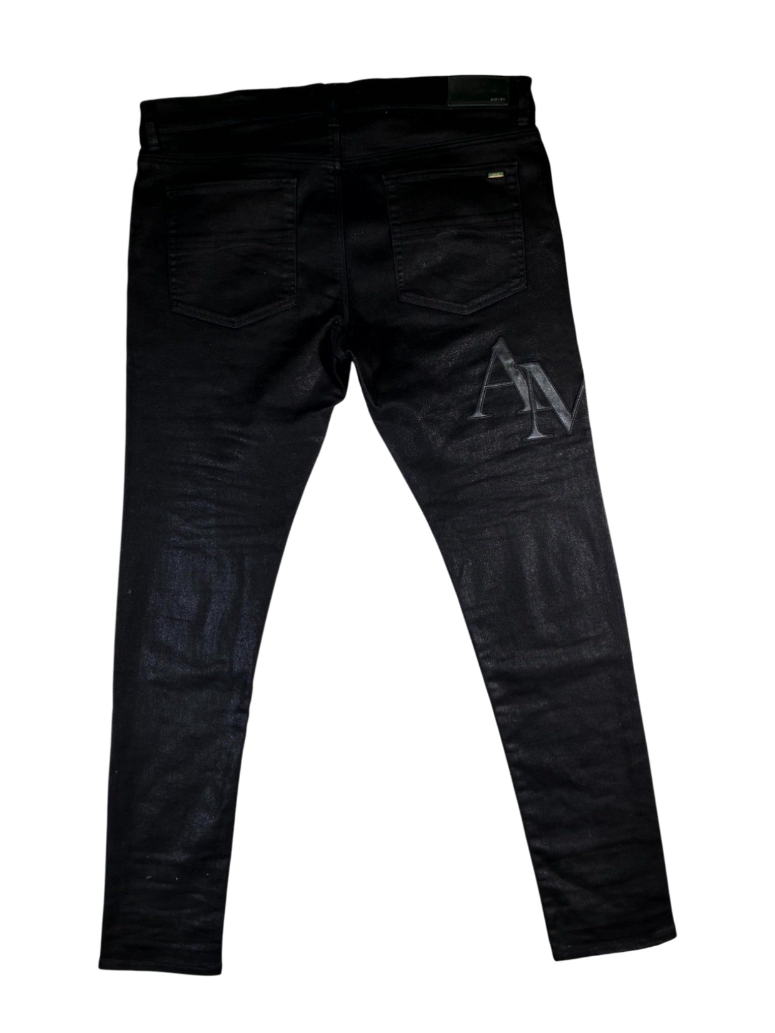 Amiri Wax Staggered Side Logo Black Jeans