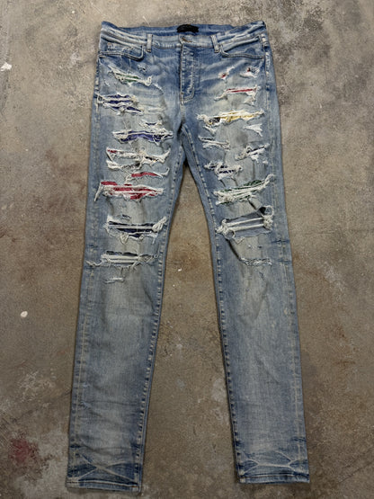 Amiri Jeans Thrasher Light Wash Rainbow Paisley Patch 38 Used