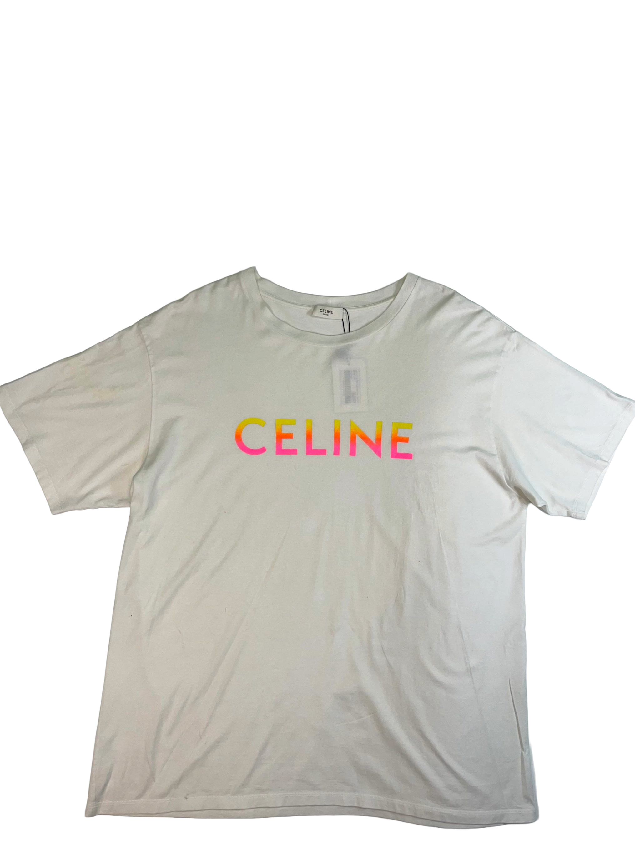 Celine Spellout Logo White, Pink & Yellow Tee