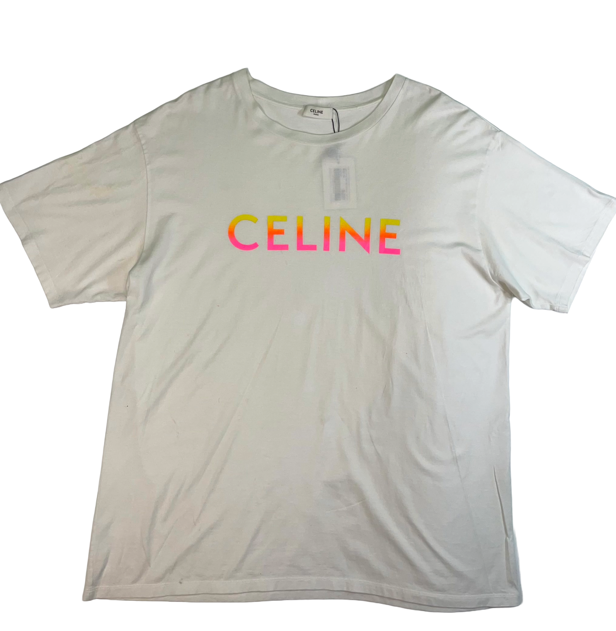Celine Spellout Logo White, Pink & Yellow Tee