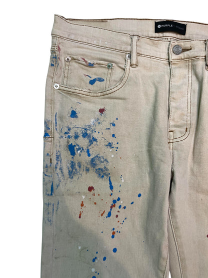 Purple Brand Paint Splatter Tan Jeans