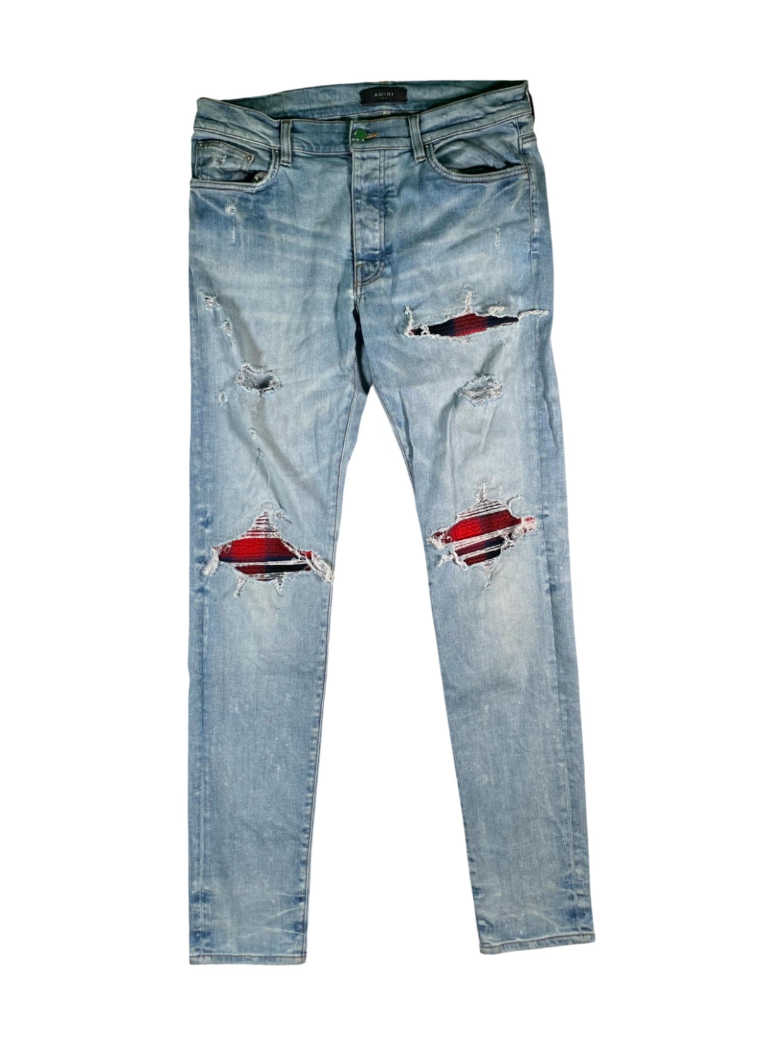 Amiri Plaid Patch MX1 Light Wash, Navy & Red Jeans