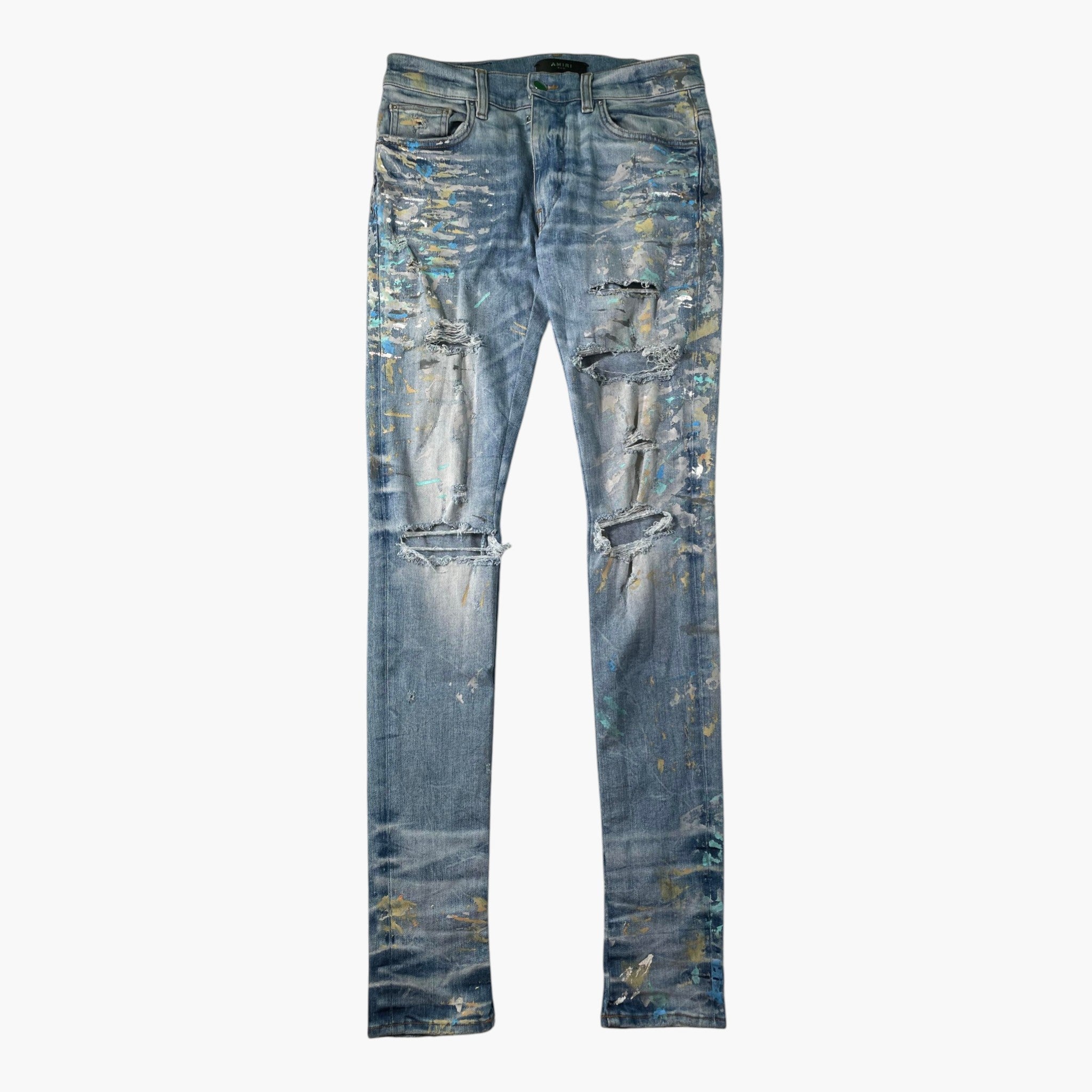 Amiri Paint Splatter Light Wash Knee Rip Jeans