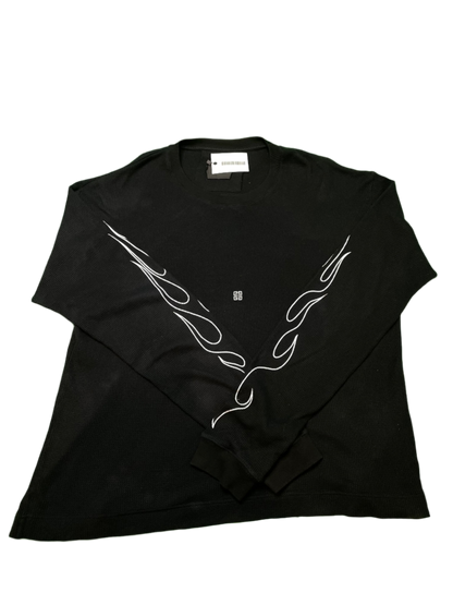 Givenchy White Flames Waffle Knit Thermal Black LS Tee