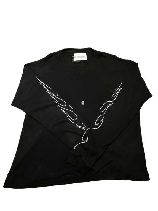 Givenchy White Flames Waffle Knit Thermal Black LS Tee
