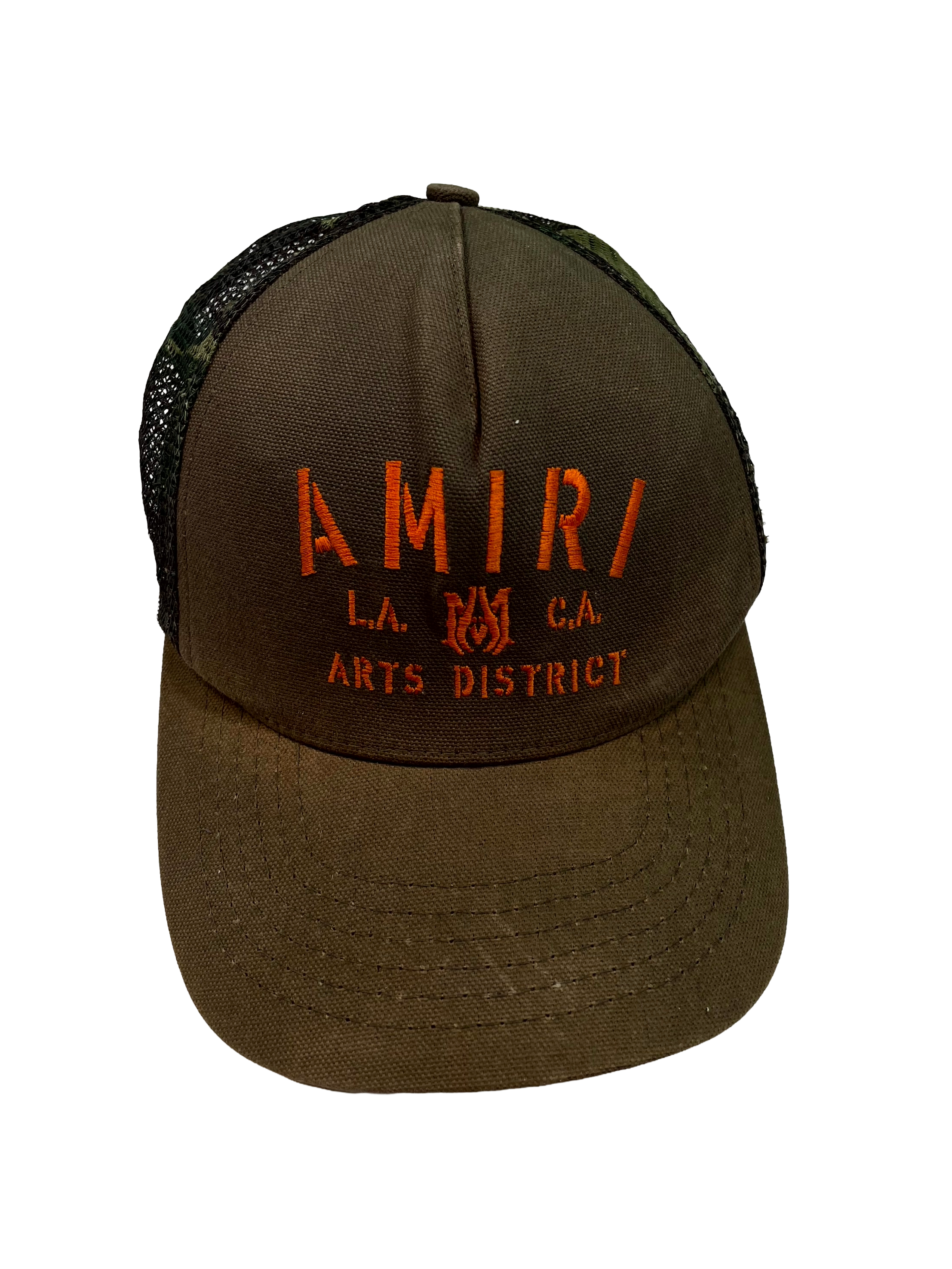 Amiri Camo Arts District Trucker Olive Cap