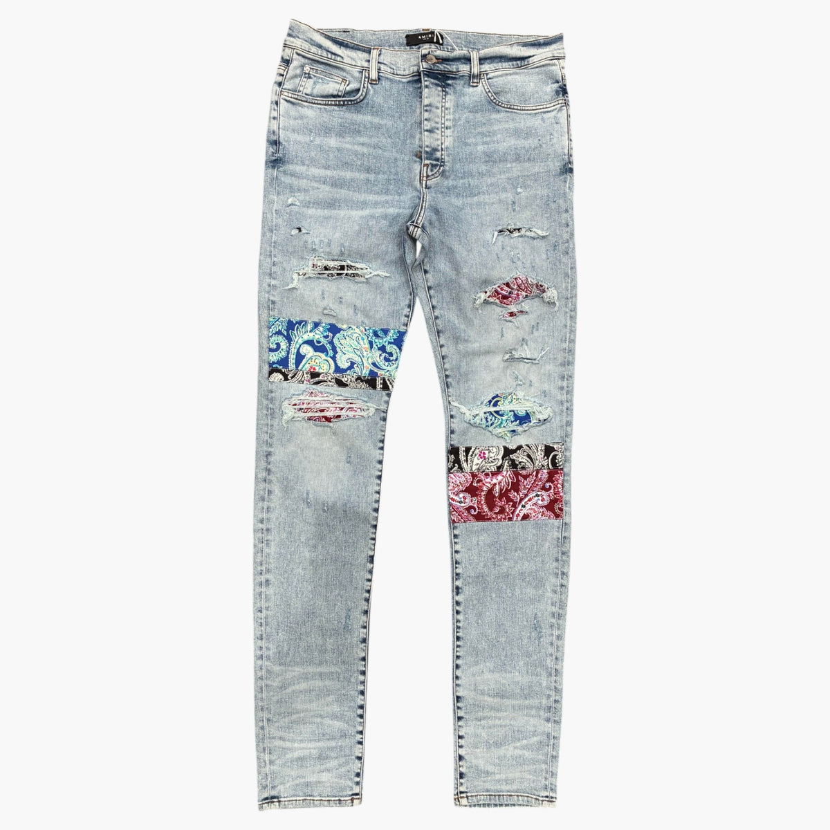 Amiri Patchwork Pajama Light Wash Mint Blue & Red Jeans