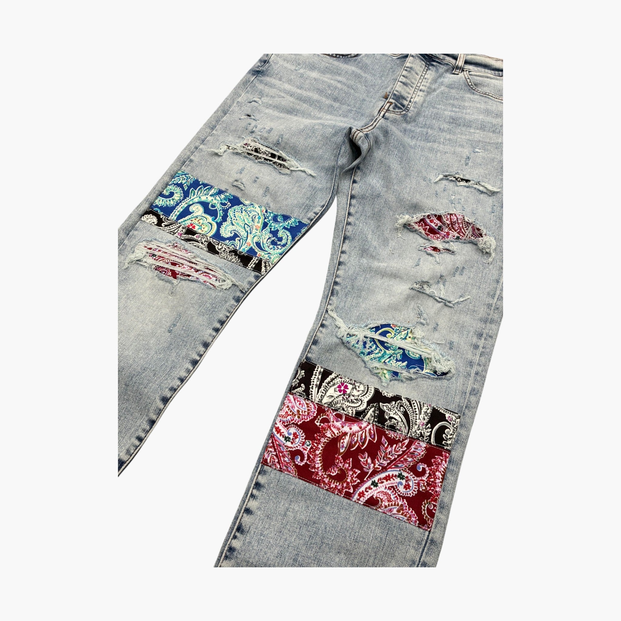 Amiri Patchwork Pajama Light Wash Mint Blue & Red Jeans