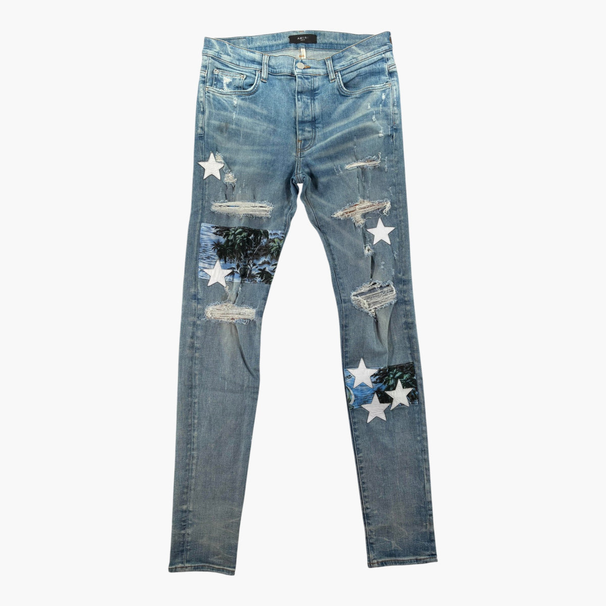Amiri Hawaiian Star Patchwork Light Wash Jeans