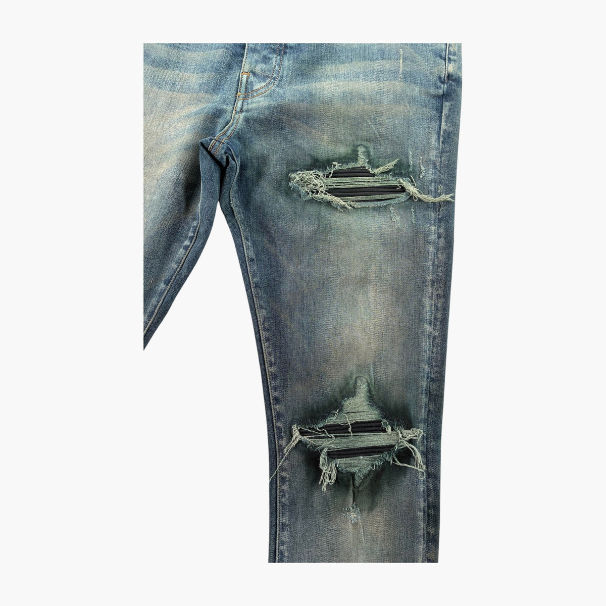 Amiri MX1 Dark Wash Black Leather Patch Jeans