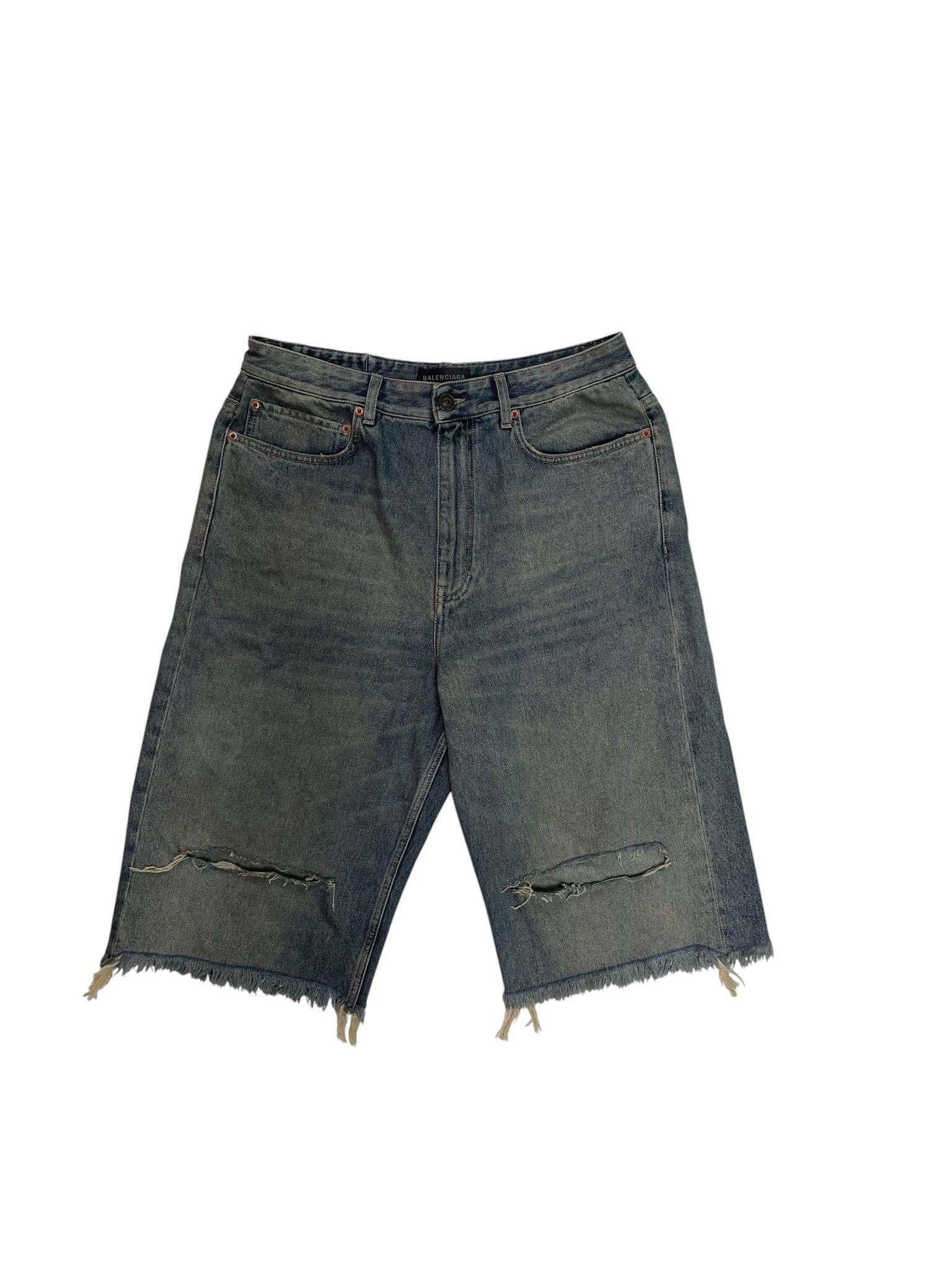 Balenciaga Blue Denim Knee Rip Jean Shorts