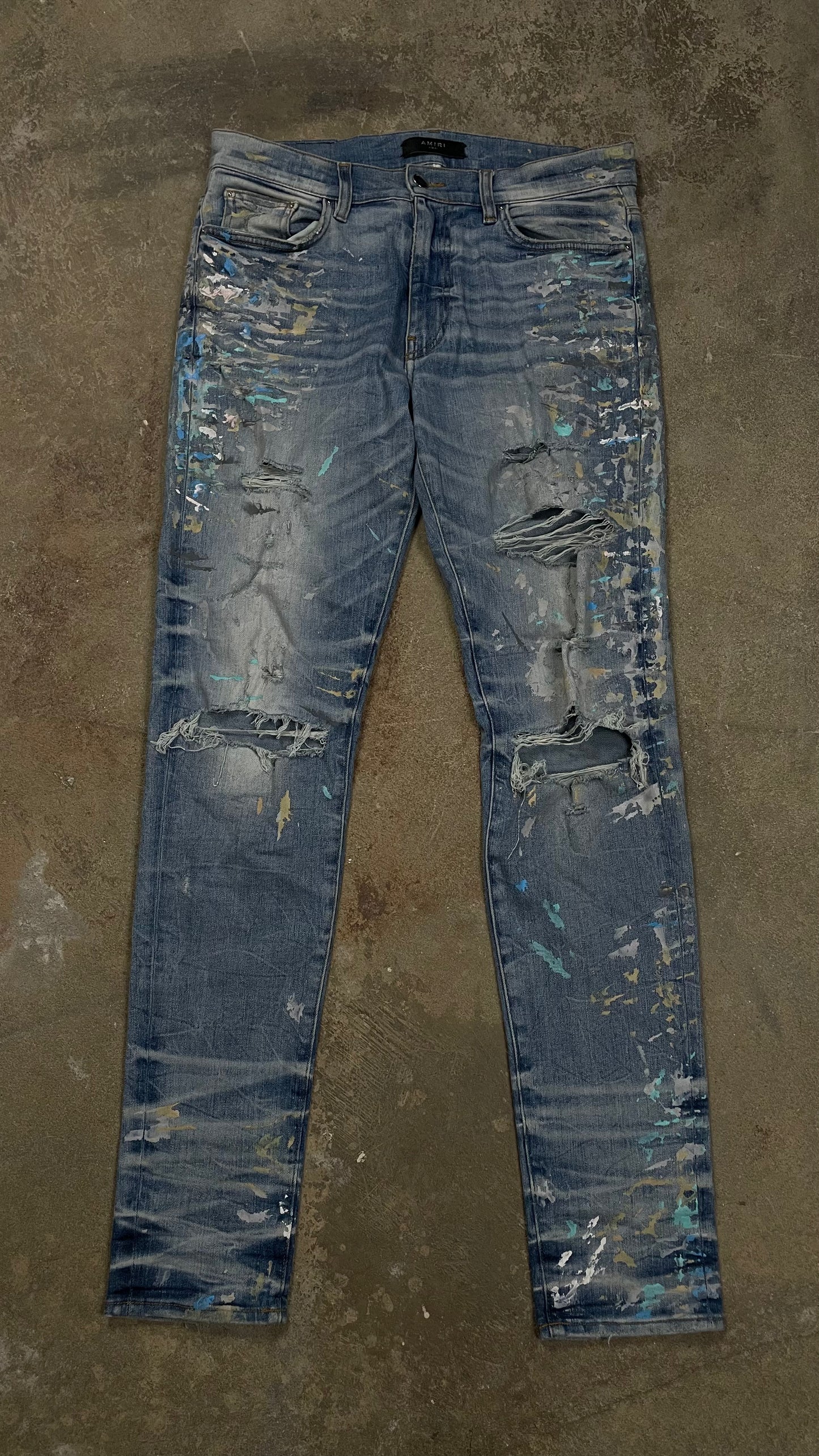 Amiri Plain Thrasher Light Wash Splatter Used 32