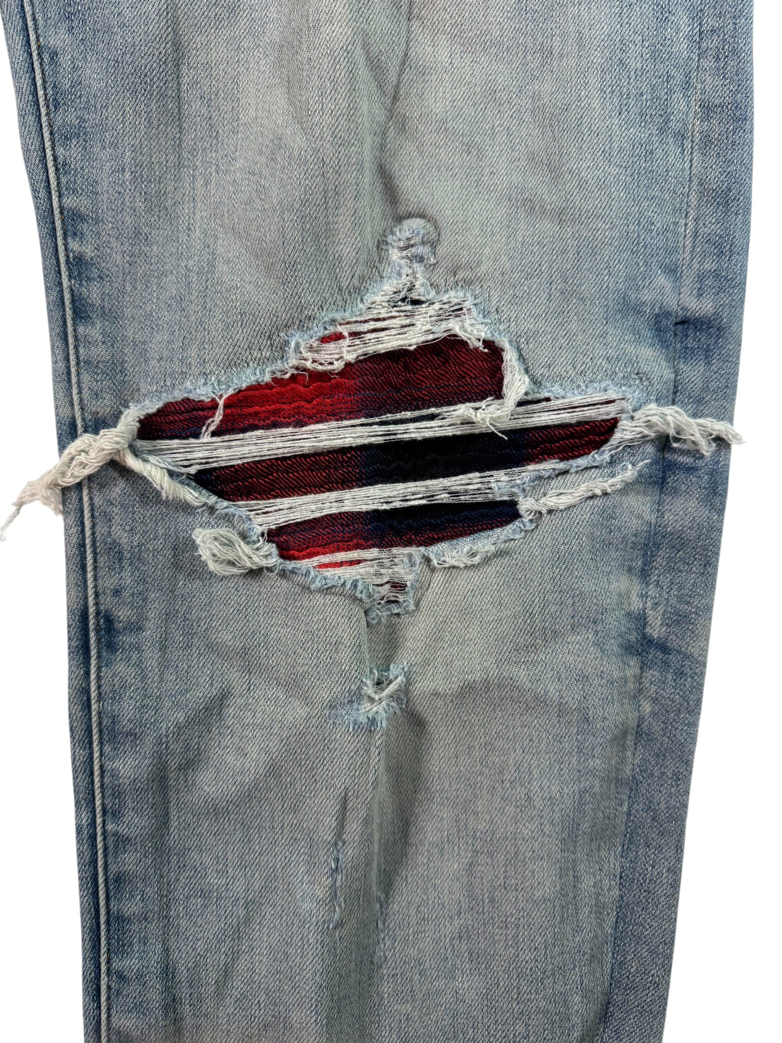 Amiri MX1 Light Wash, Blue & Red Patch Jeans