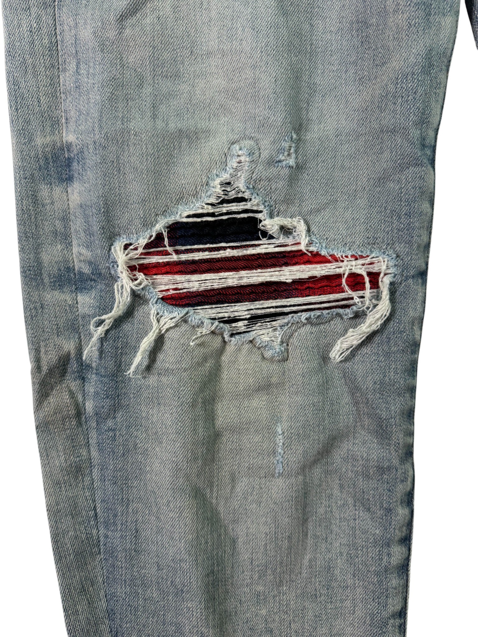 Amiri MX1 Light Wash, Blue & Red Patch Jeans