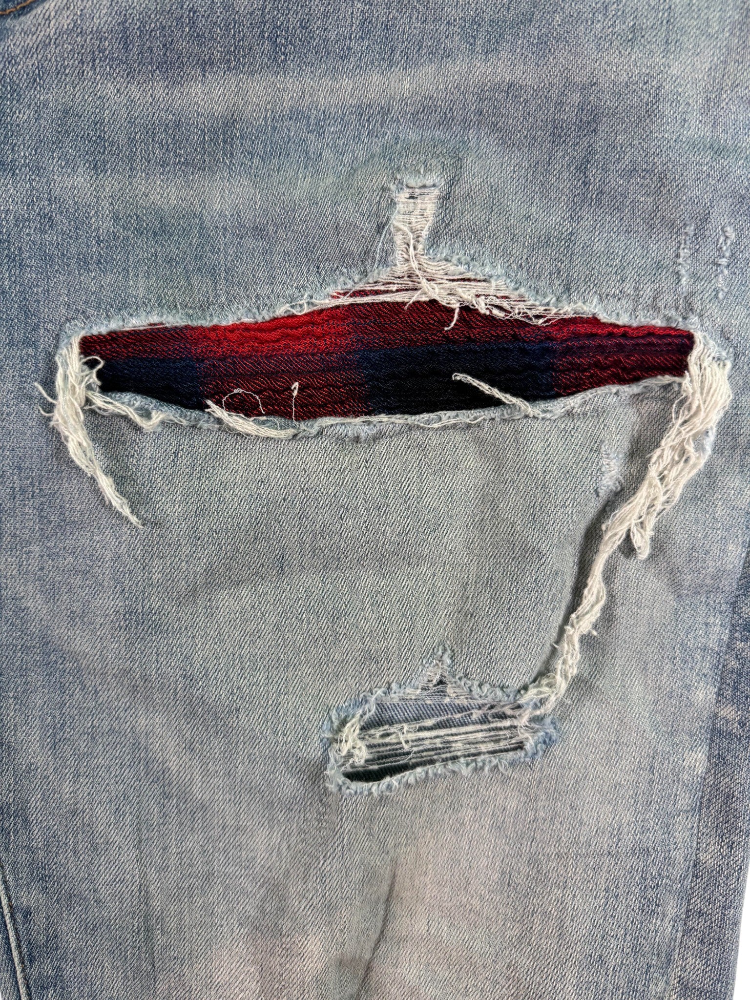 Amiri MX1 Light Wash, Blue & Red Patch Jeans