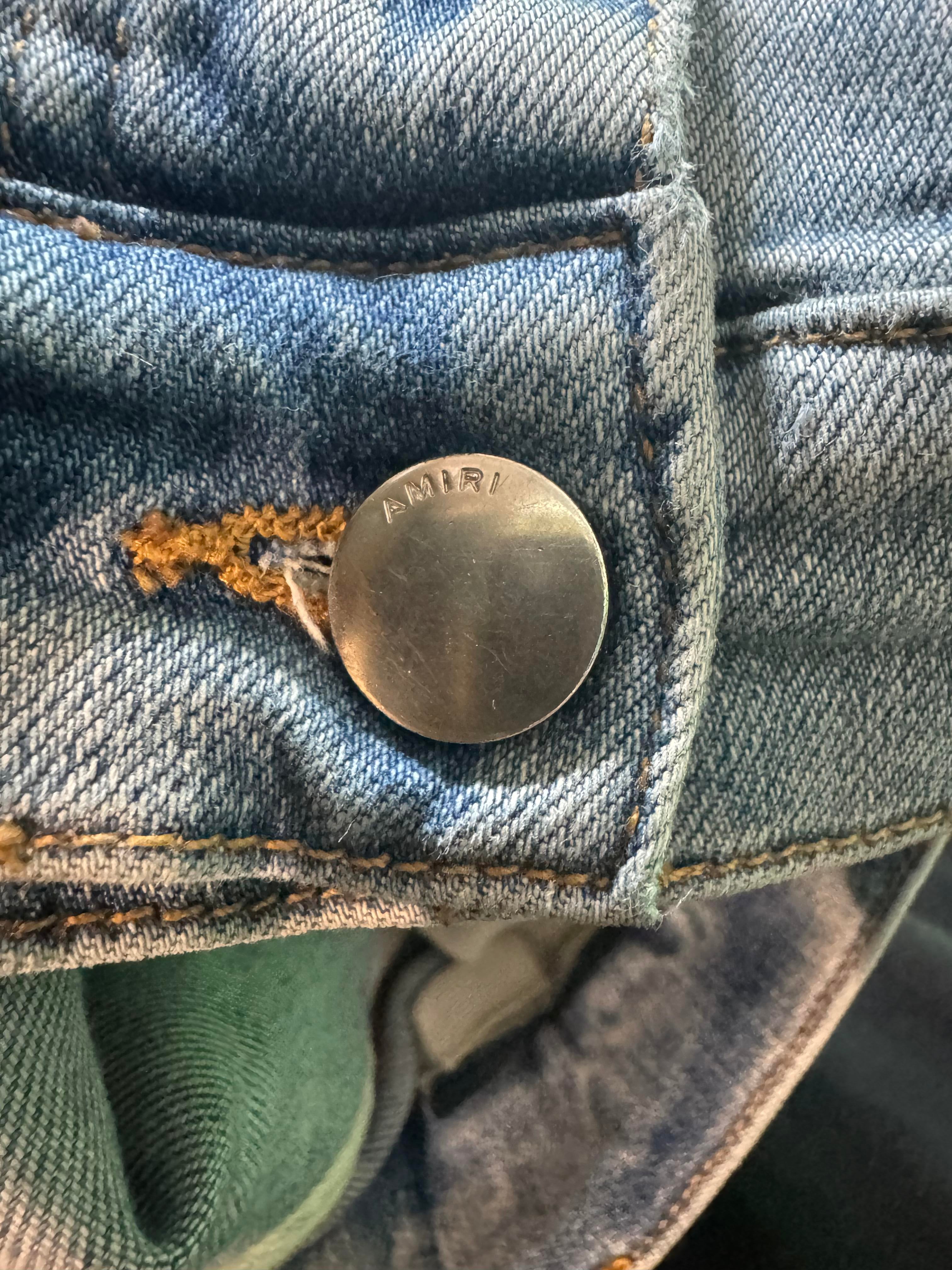 Amiri MX1 Light Wash, Blue & Red Patch Jeans