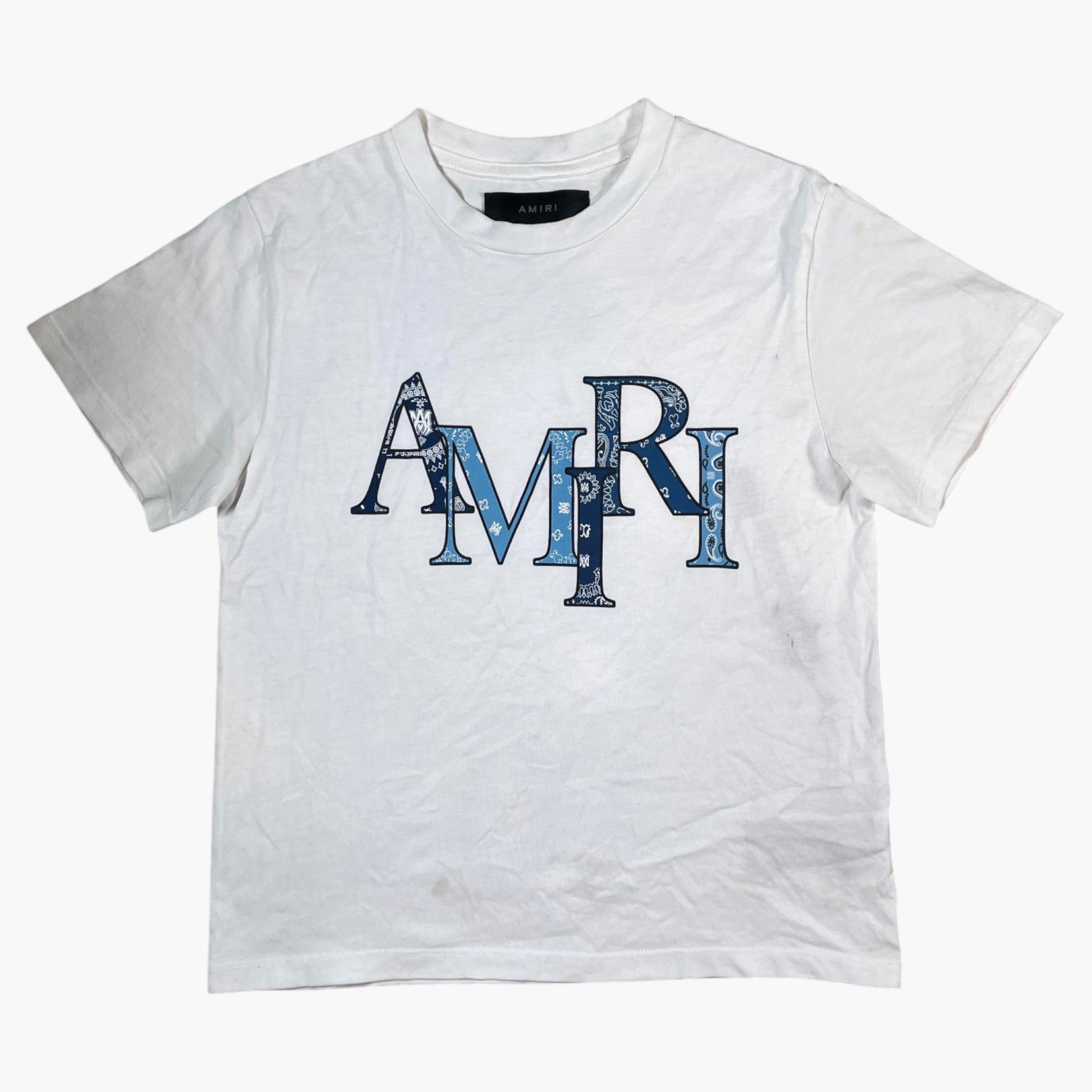 Amiri Blue Staggered Logo White Tee