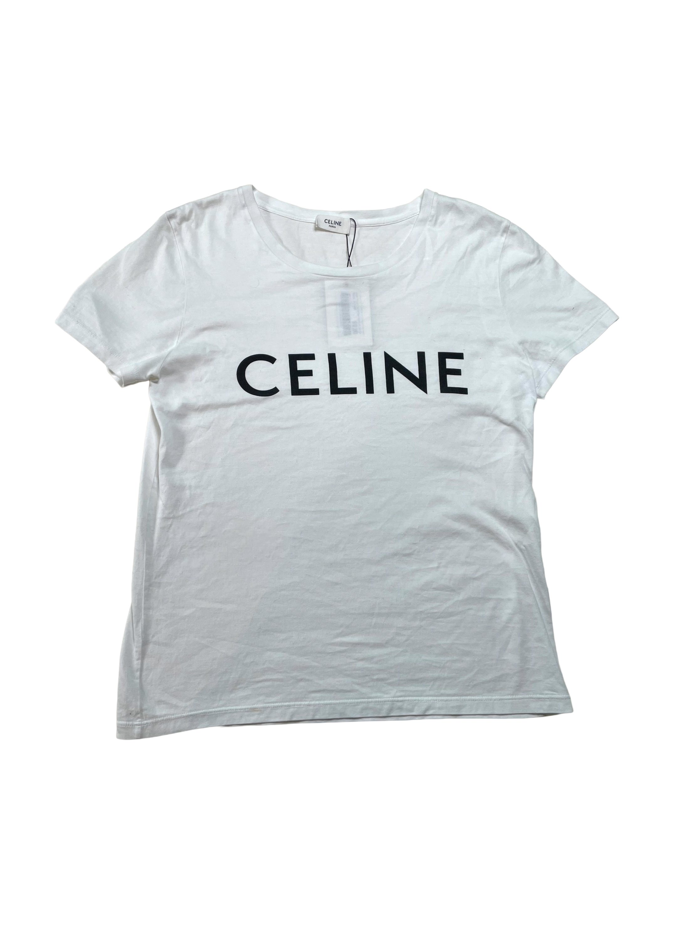 Celine Women's Spellout Logo White & Black Tee