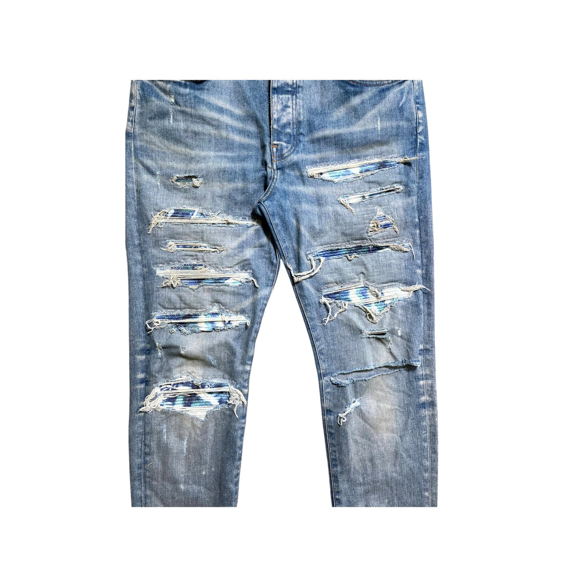 Amiri Honeycomb Tie Dye Thrasher Patch Light Wash Jeans