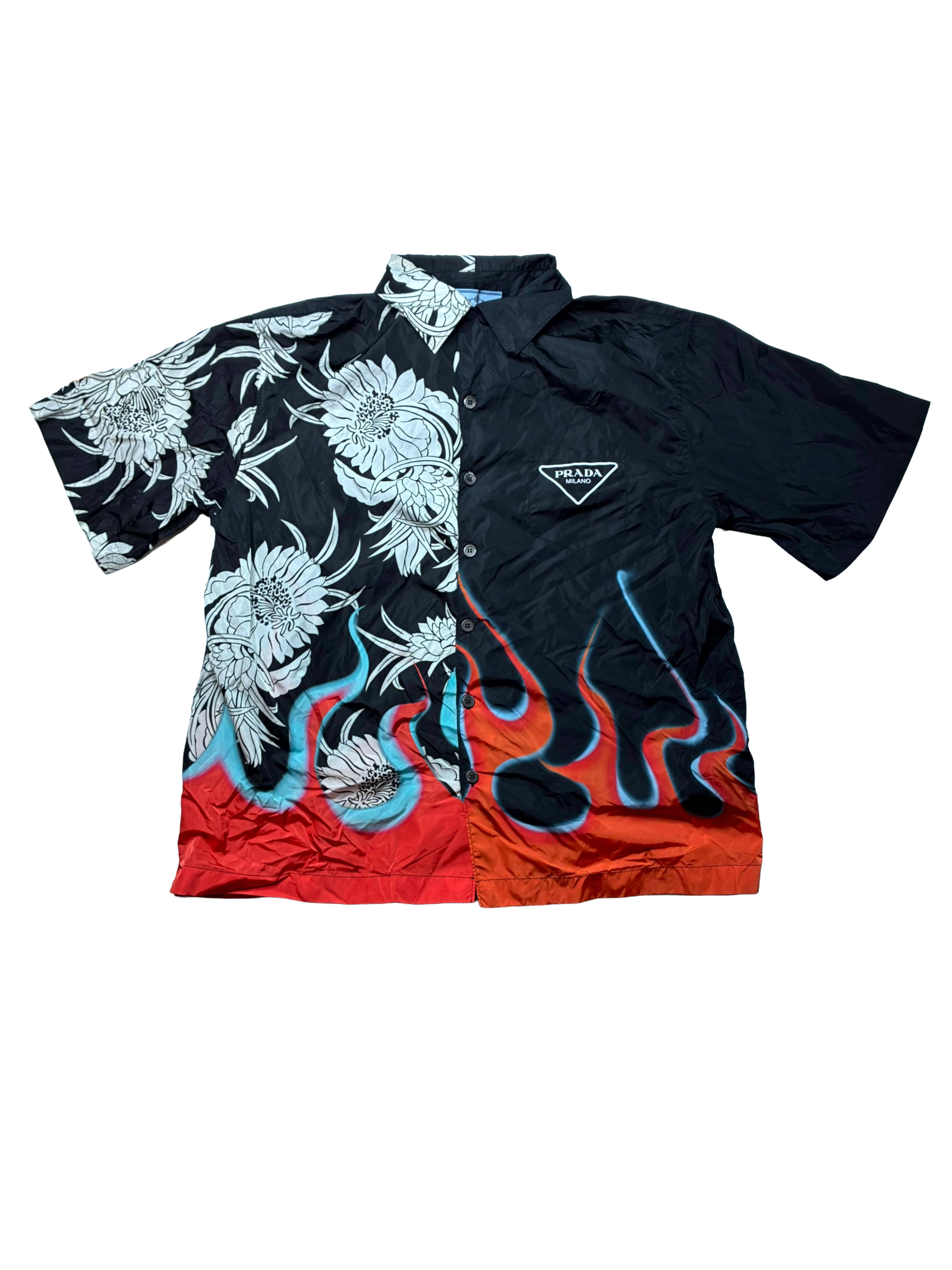 Prada Nylon Button Up Flames Black & Multicolor Shirt