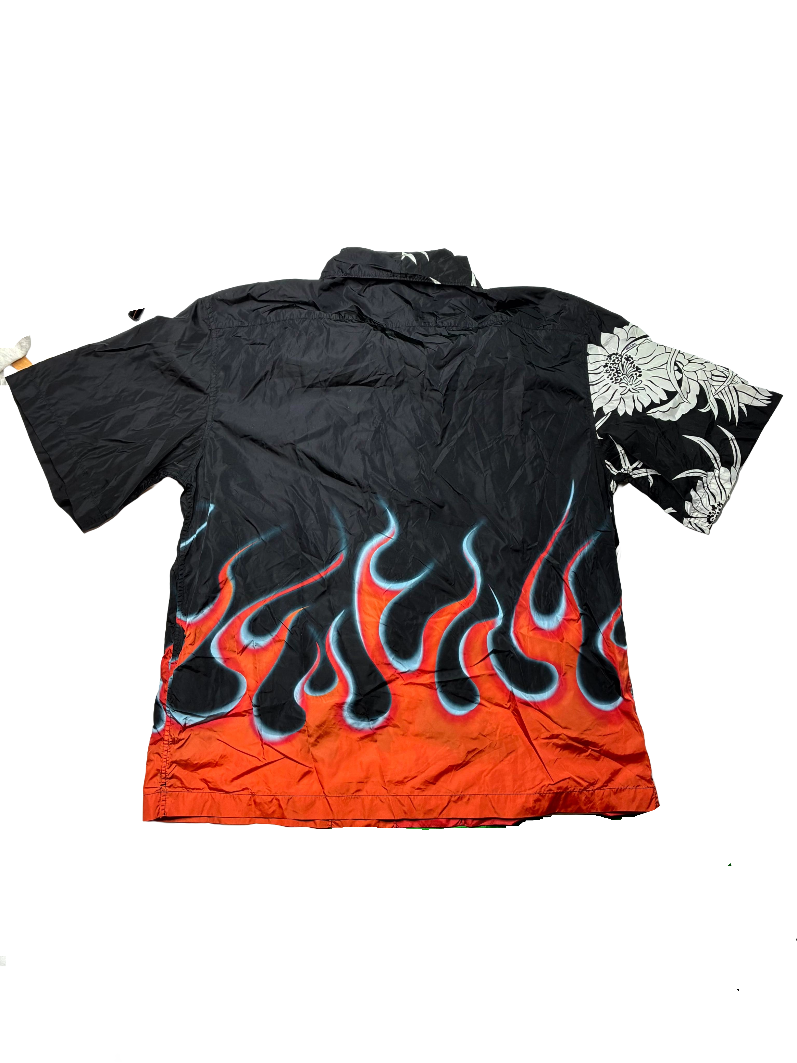 Prada Nylon Button Up Flames Black & Multicolor Shirt
