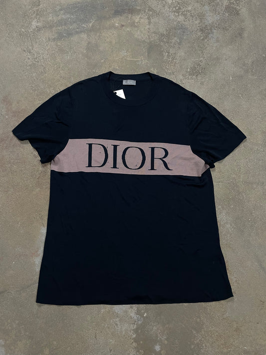 Dior Tee Black Beige Knit Chest Logo Used Medium