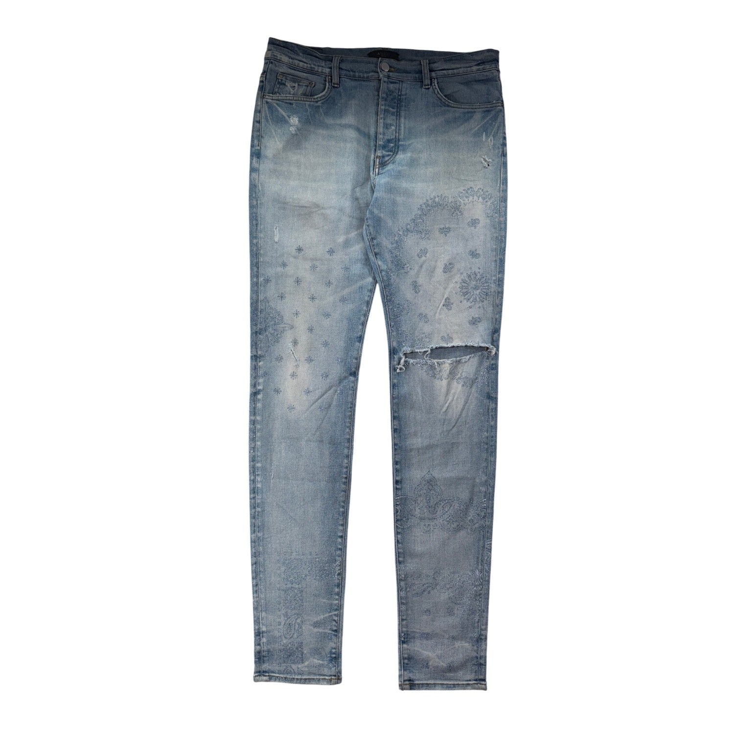Amiri Paisley Monogram Ripped Light Wash Jeans