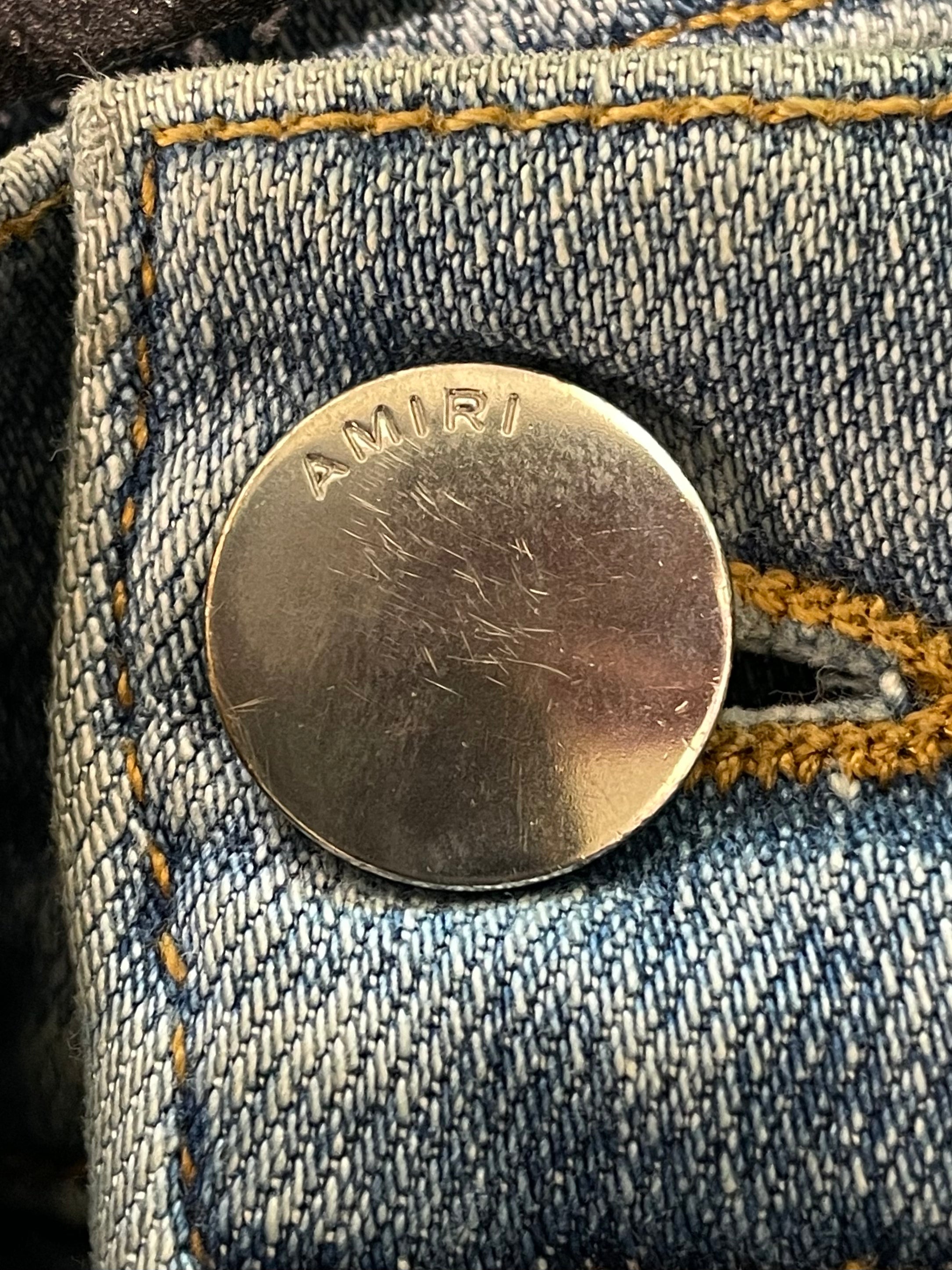 Amiri MX2 Brown Paisley Patch Light Wash Blue Jeans