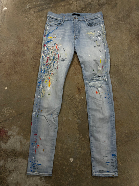 Amiri Light Wash Splatter Thrasher Used 36