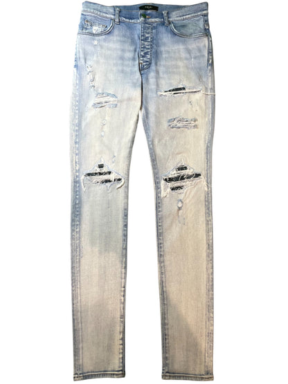 Amiri MX1 Teal Paisley Patch Light Wash Blue Jeans