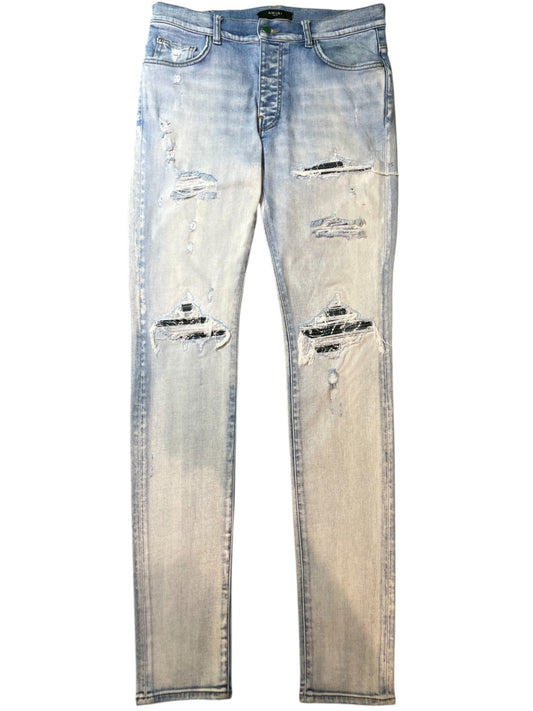 Amiri MX1 Teal Paisley Patch Light Wash Blue Jeans