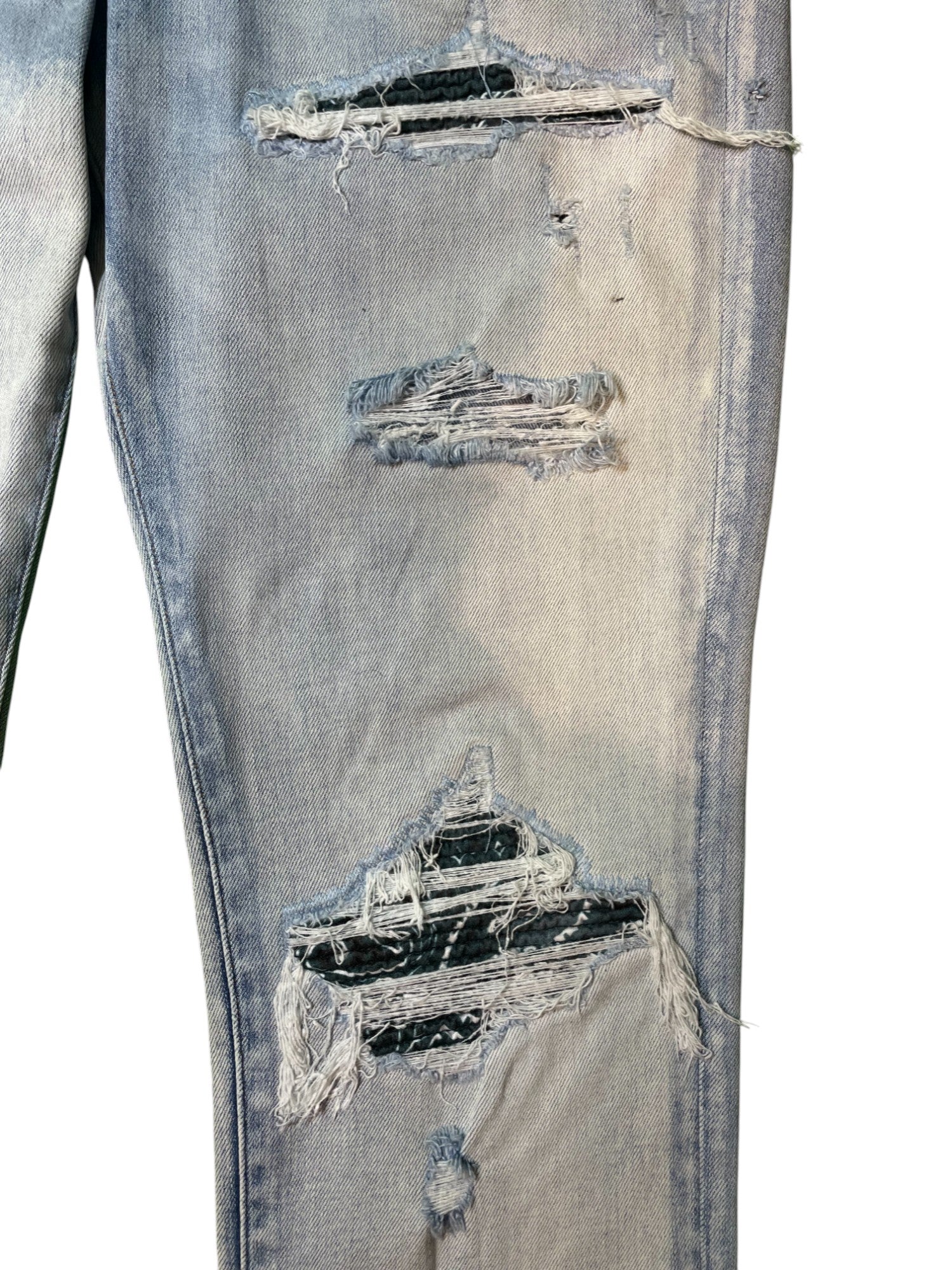 Amiri MX1 Teal Paisley Patch Light Wash Blue Jeans