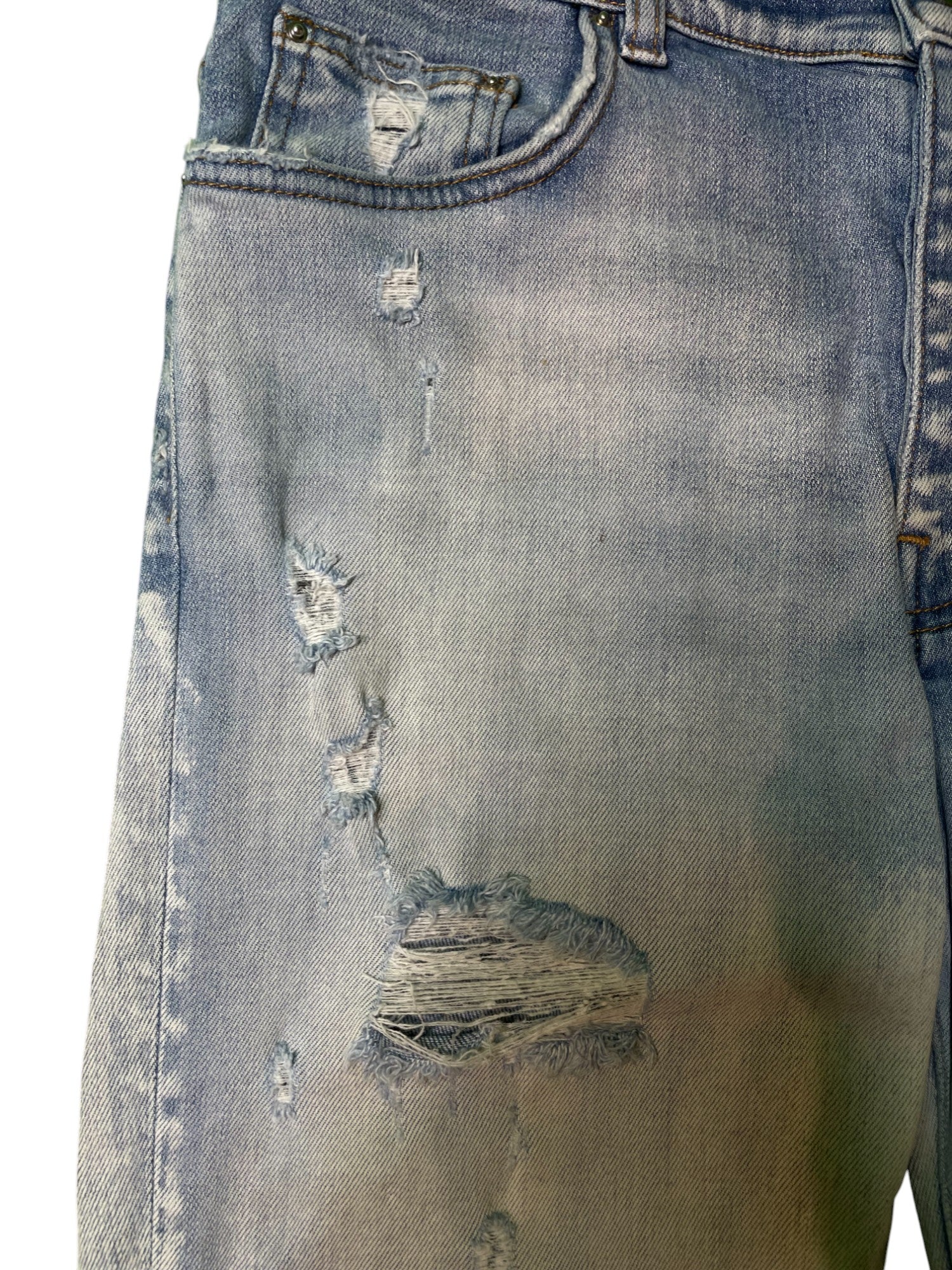 Amiri MX1 Teal Paisley Patch Light Wash Blue Jeans